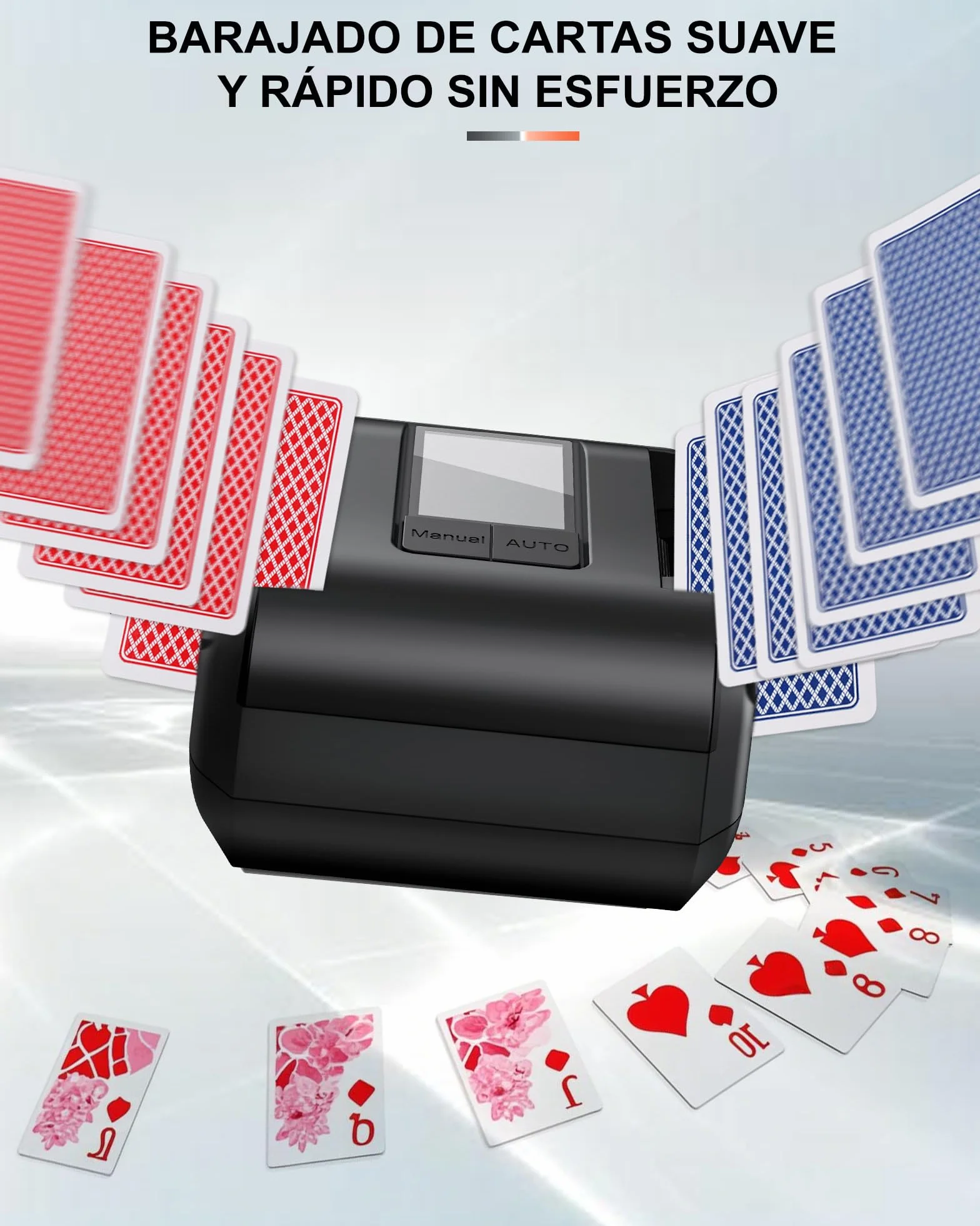Barajador de Cartas Automático Eléctrico para 1-2 Barajas - Modo Auto/Manual Recargable 2000mAh USB-C - Silencioso - Compatible con Póker, Blackjack, UNO, Texas Hold'em, Skip-Bo y Phase 10