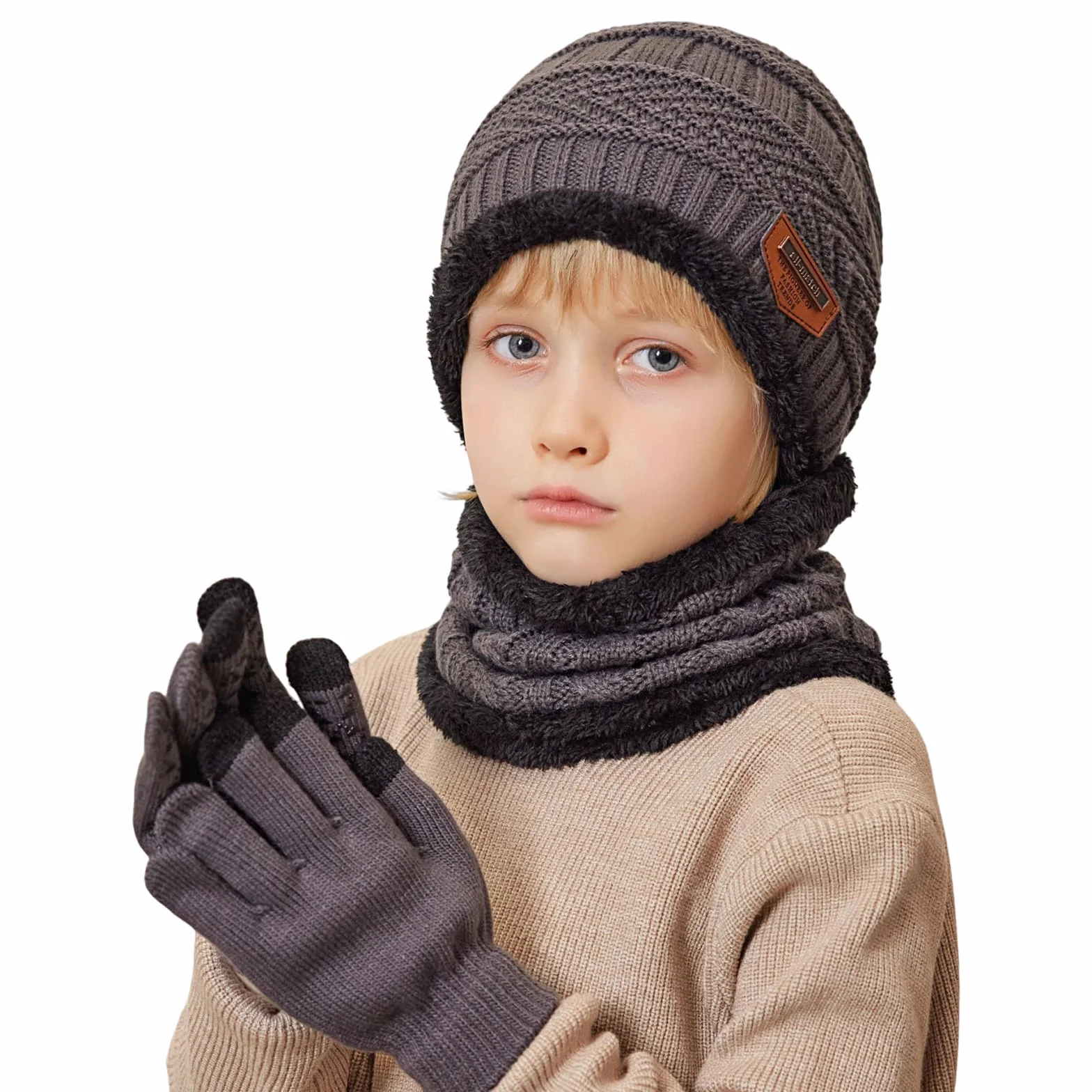 Gorro Invierno Niños Niñas Conjunto Bufanda Guantes Forro Polar Pantalla Táctil 5-10 Años
