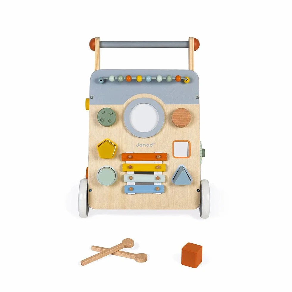 Janod - Carro Multiactividad Sweet Cocoon - Carro de Madera para aprender a caminar - 9 Actividades - Ruedas Silenciosas, Pintura al Agua - Juguete Infantil Adaptable desde los 12 meses, J04410