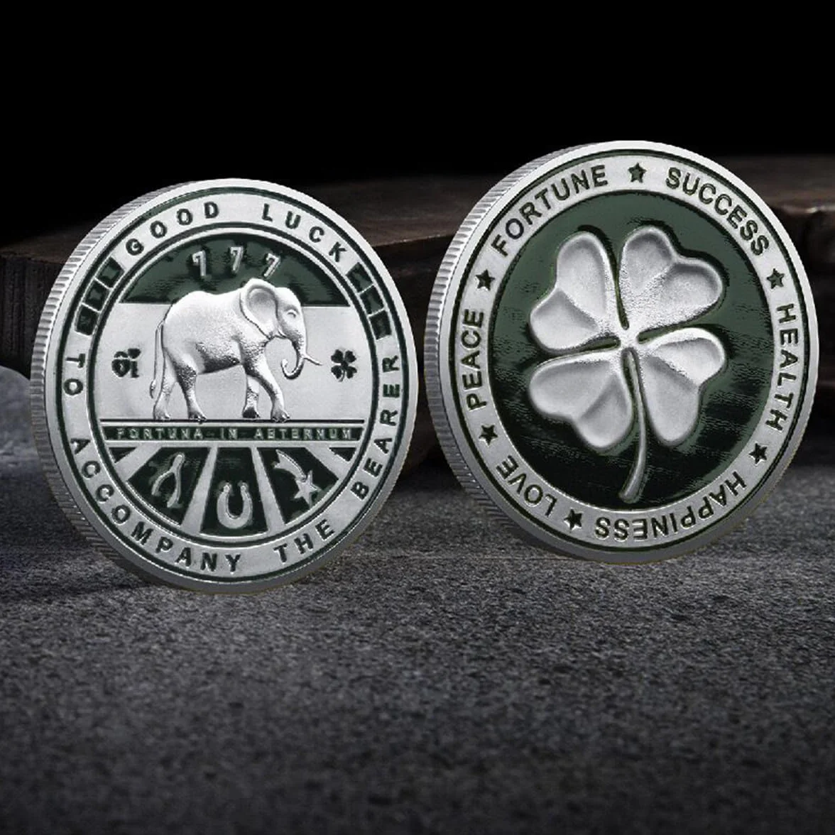 Good Luck Buena Suerte Moneda de la Suerte con Trébol de Cuatro Hojas y Elefante y Símbolos de la Suerte Moneda Conmemorativa