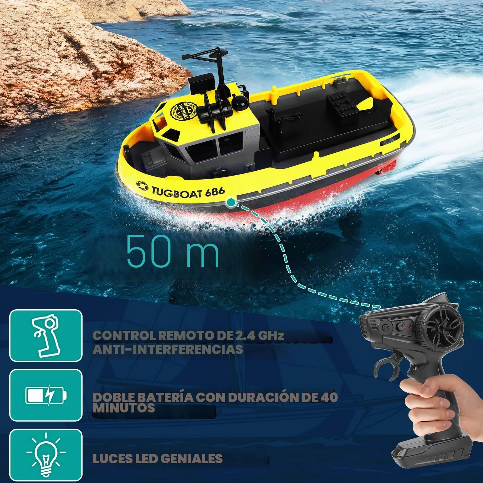 FORMIZON Barco Teledirigido, 1:72 Barco Teledirigido De Bricolaje A Escala, 2.4GHz Lancha Teledirigida con Luces LED, Juguetes Acuáticos de Verano para Niños y Adultos