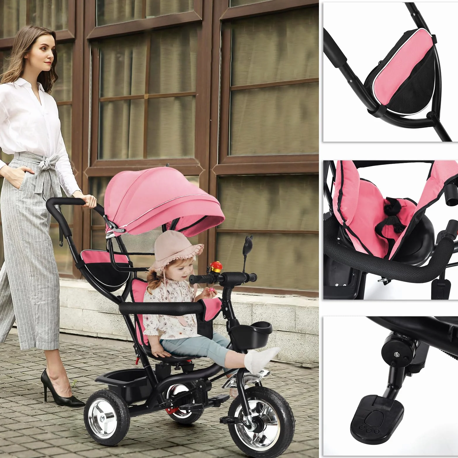 OHMG Triciclo bebé escalable hasta 25 kg, bicicleta de paseo para niños mayores, asiento reversible, bolsa grande, bastón y parasoles plegables, bicicletas, accesorios