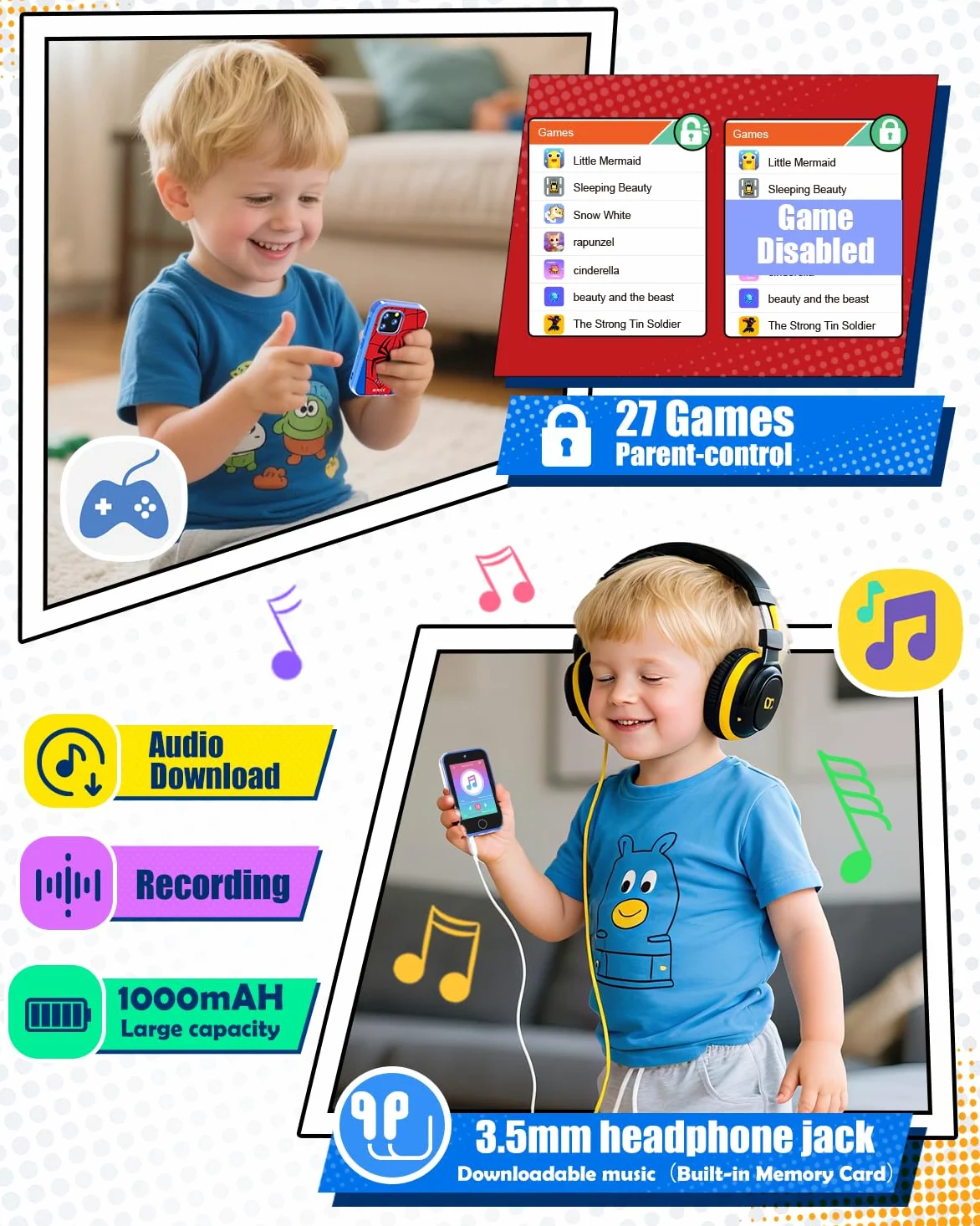 Byserten - Teléfono inteligente para niños, visualización táctil de 3.5 pulgadas con doble cámara, juguetes educativos de aprendizaje para niños de 3 a 10 años, regalos de cumpleaños de Navidad