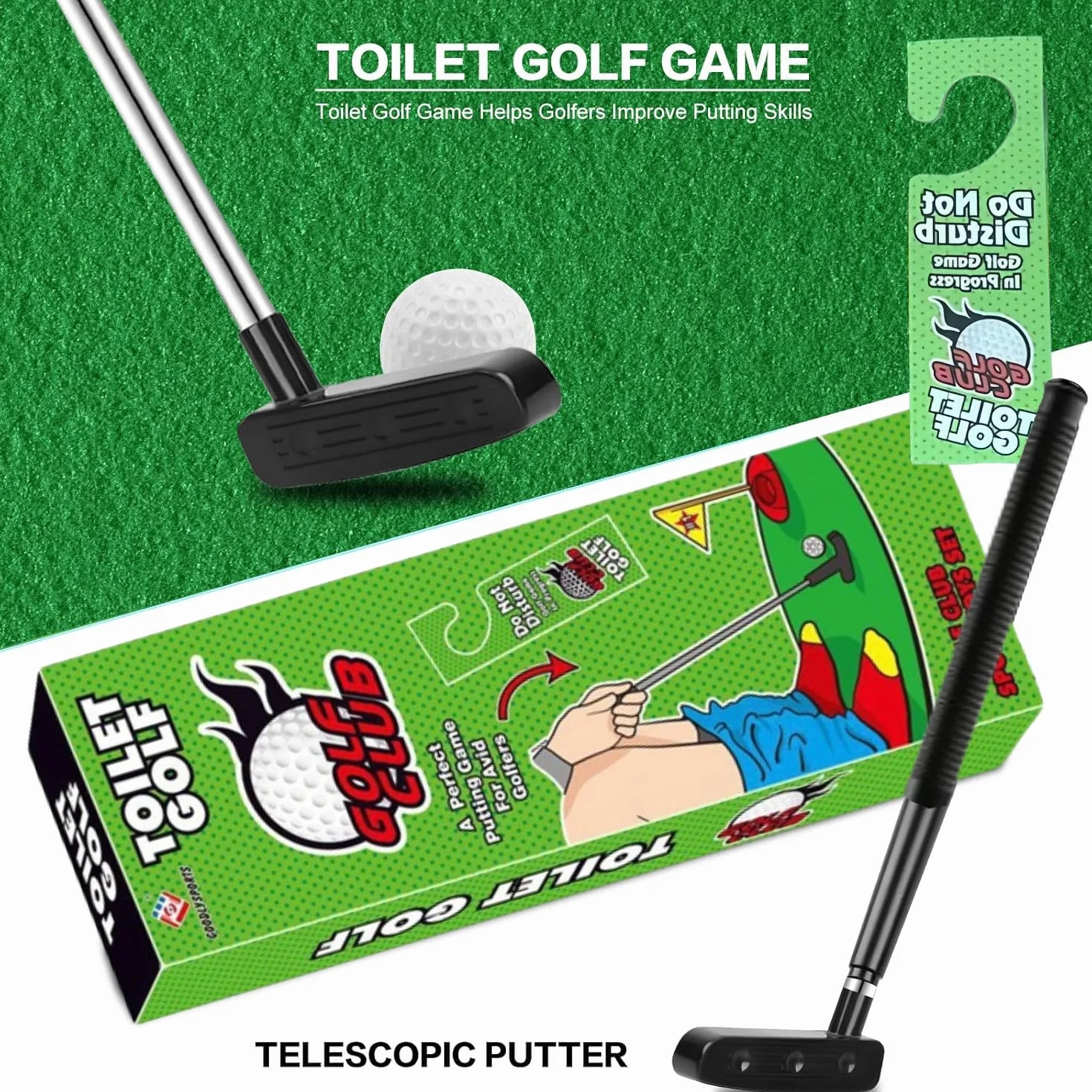 Kiuiom Funny Potty Putter,Mini-Golf para Baño,Juegos de Golf para Inodoro,WC Juego de Golf con Palo,2 Pelotas y Colgador para Puerta,Un Regalo Divertido para el Inodoro Que es Adecuado para Regalar