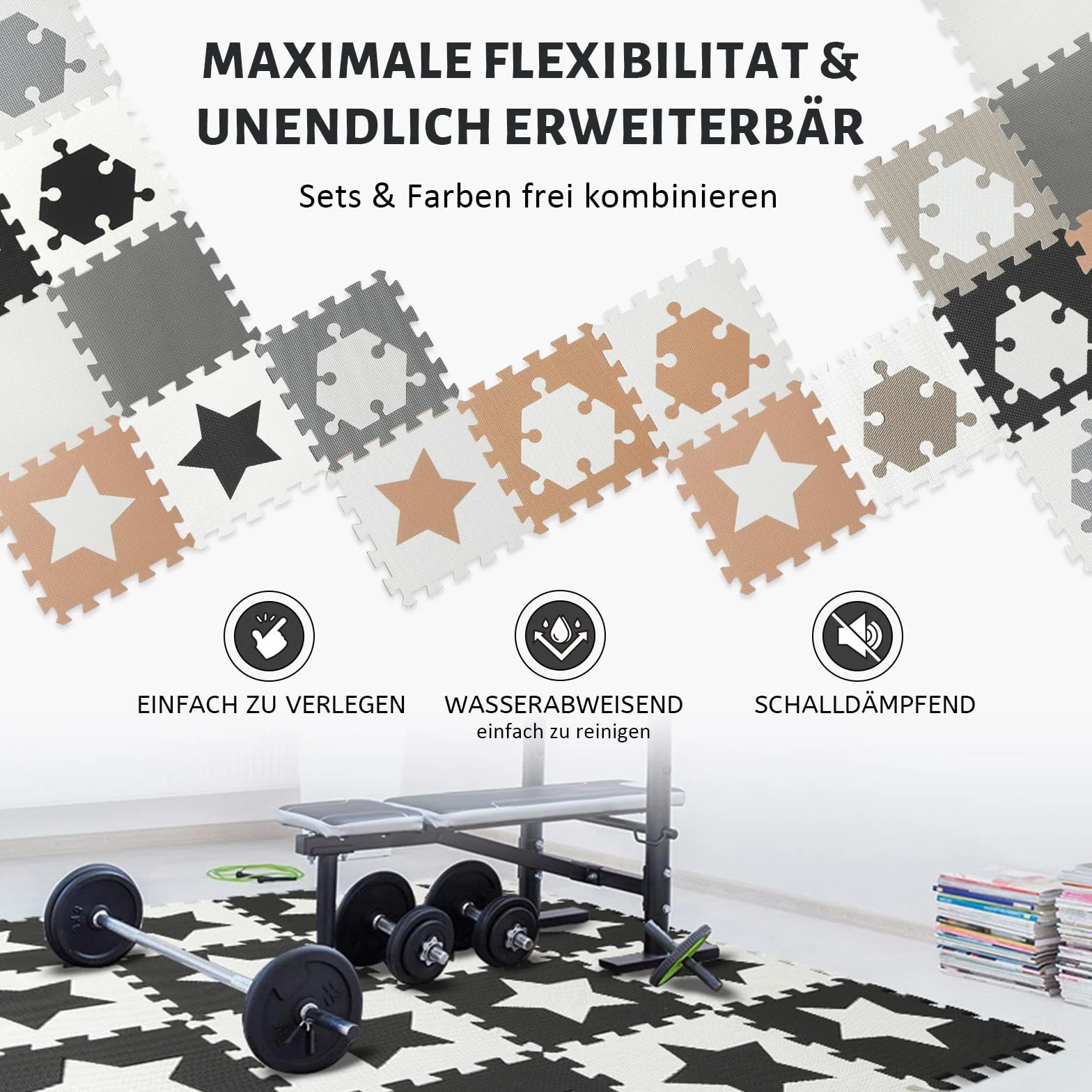 Tapete Puzzle EVA 20 Piezas Gimnasio Suelo Goma Protección Antideslizante con Bolsa Transporte Negro Blanco