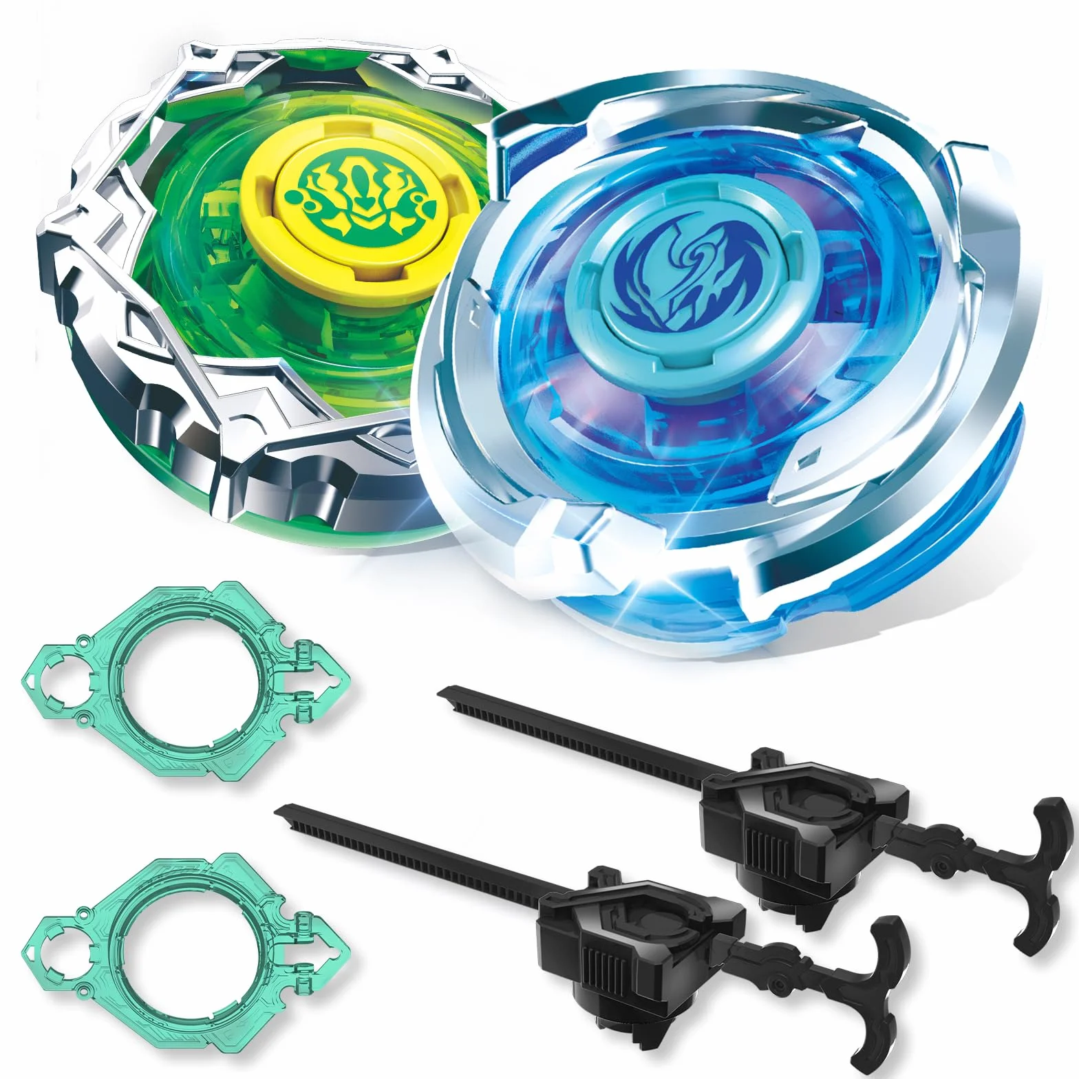 INFINITY NADO S7 Peonza 2PCS con 2 Rack Lanzadores, peonzas metálica Tipo equilibrado/Resistencia Rotación Derecha, Juguete para niños y niñas 5-12 años, Azul y Verde