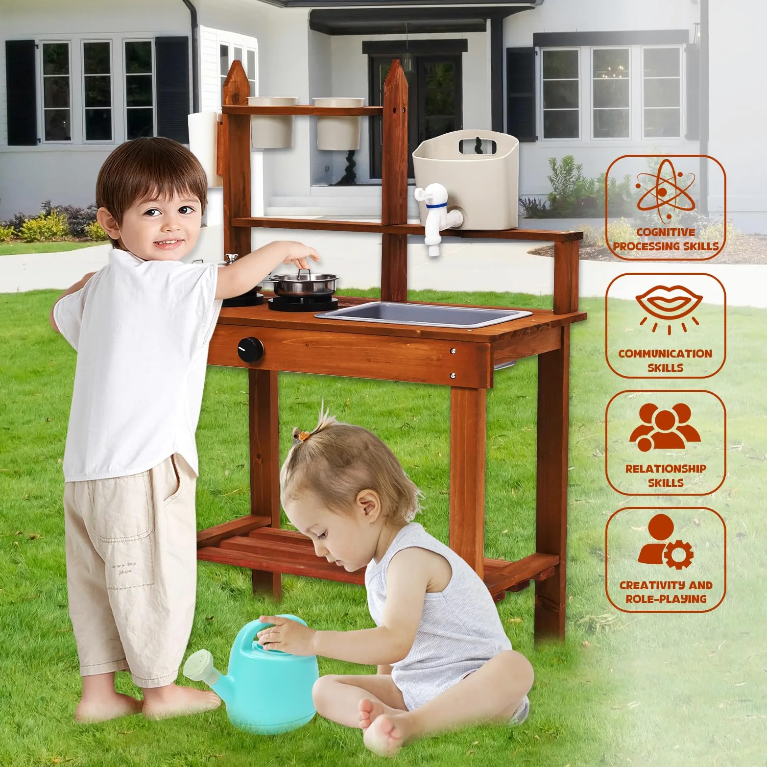 Cocina de Barro para Niños,Cocinita de Madera Infantil con Fregadero Grifo,Equipo de Juego al Aire Libre para Niños,Cocina Exterior Juguetes al Aire Libre para Baby de 2 Años en Adelante