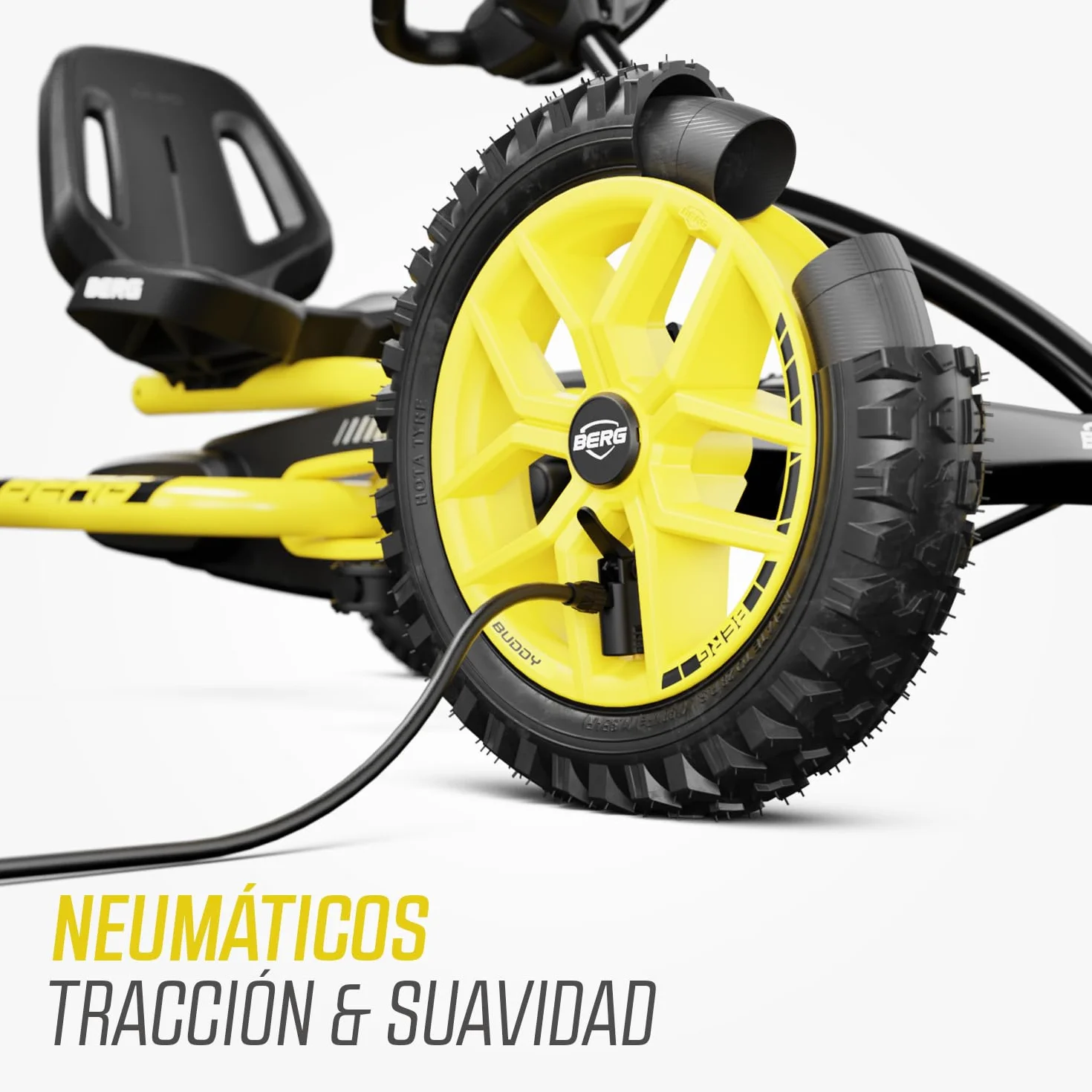 BERG Kart a Pedales Buddy Cross | Amarillo, 3-8 años, cuadro resistente, asiento regulable, volante regulable