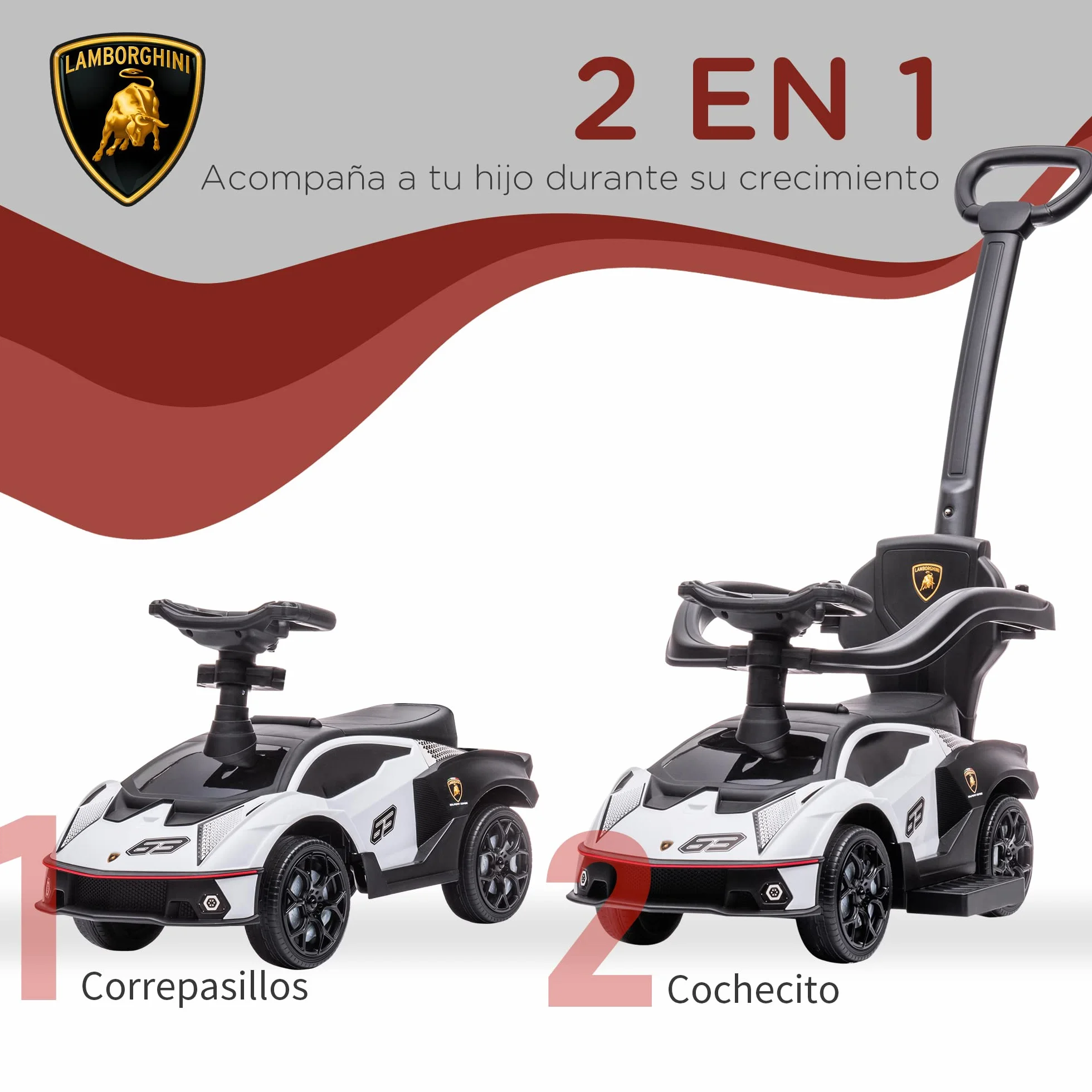 AIYAPLAY 2 en 1 Coche Correpasillos para Niños 12-36 Meses Lamborghini Essenza SCV12 Andador Empujador con Bocina Mango de Empuje y Barandilla Extraíbles 86,5x40x89,5 cm Blanco y Negro