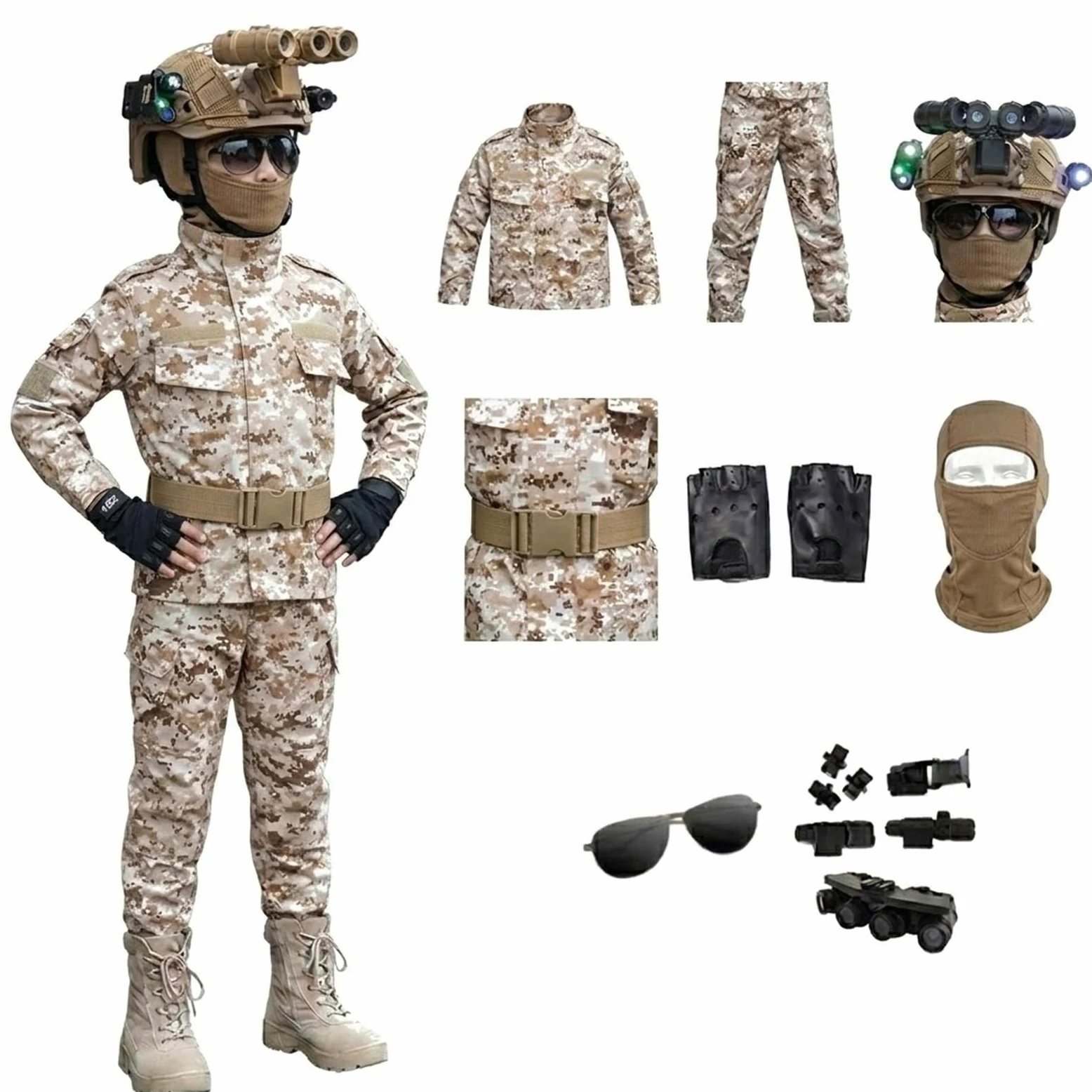 Disfraz Infantil 8 Piezas Con Casco Modular Y Accesorio De Cuatro Lentes | Camiseta Larga Pantalón Cinturón Guantes Pasamontañas Gafas En 65% Poliéster 35% Algodón