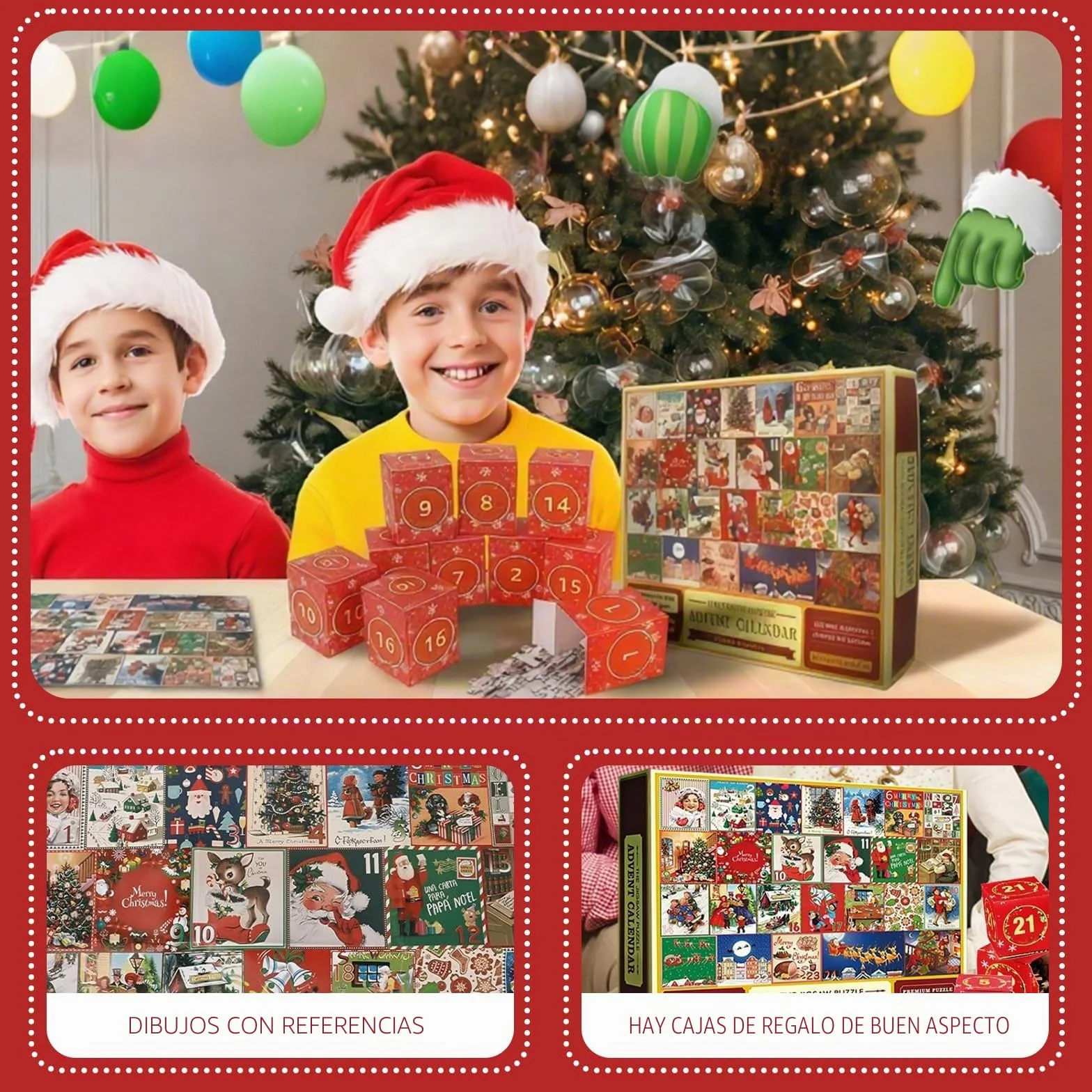 Calendario Adviento, Puzzle Navidad 1000 Piezas con 24 Cajas Sorpresa - Juego Interactivo Calendario Adviento Educativo y Divertido para Niños y Niñas Como Regalo Familiar