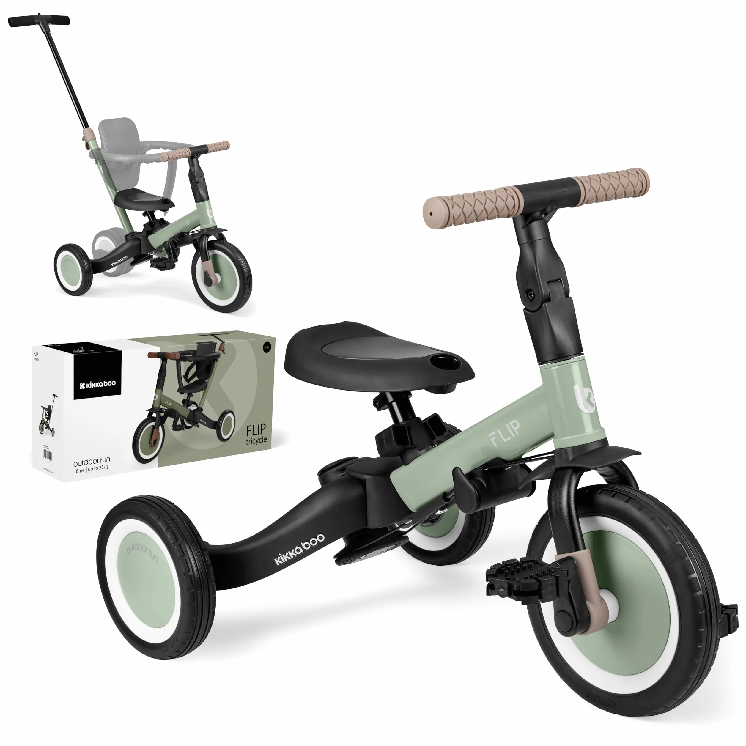 KikkaBoo FLIP, Triciclo Evolutivo de Bebé 5 en 1, Bicicleta con o sin Pedales, Ajustable y Transformable, Verde Militar, Desde 1 Año Hasta 5 Años
