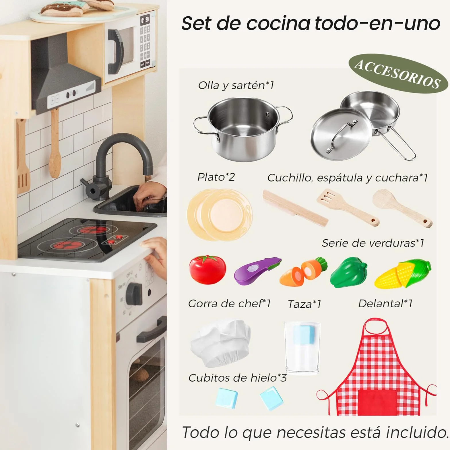 Tiny Land Cocina Juguete para niños con 18 Accesorios de Comida y Utensilios de Cocina de Juguete Juego de Chef de Madera con Luces y Sonidos