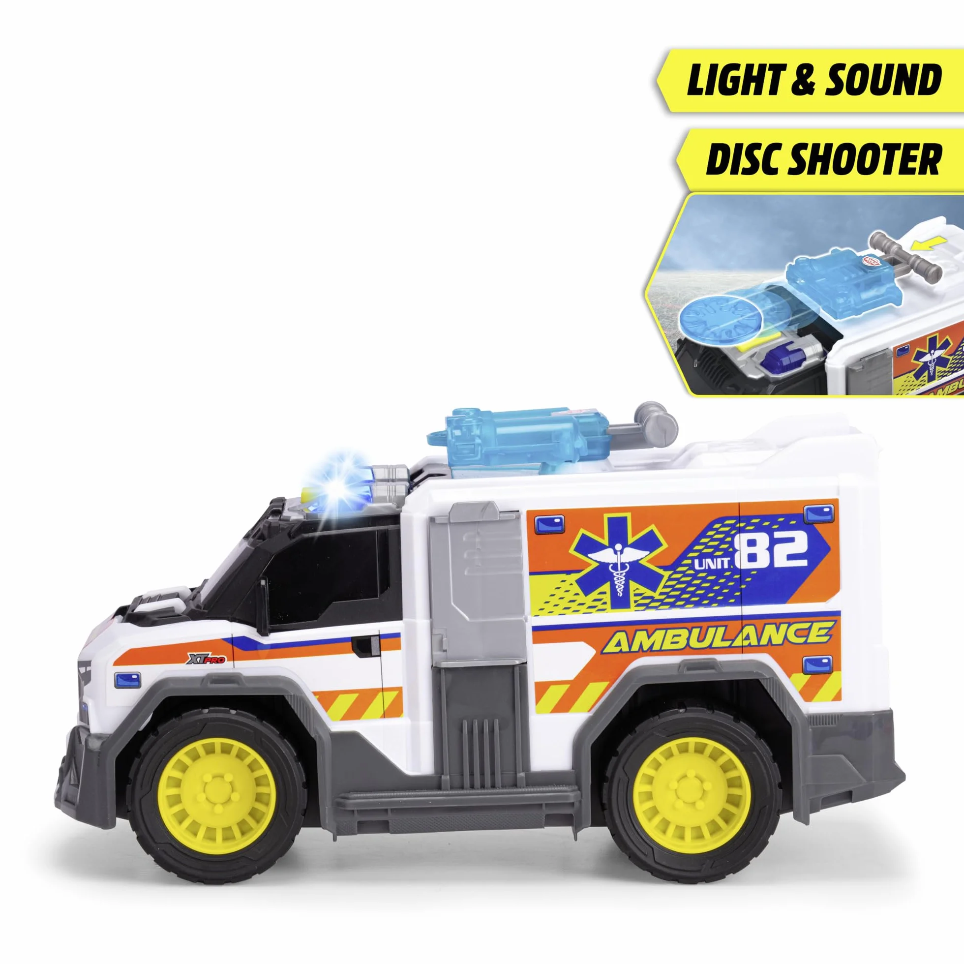 Dickie Toys City Heroes Ambulancia 30cm con luz y Sonido, rampa para Camilla,Compartimento de almacenaje y Lanzador de Discos. A Partir de 3 años (203306024)