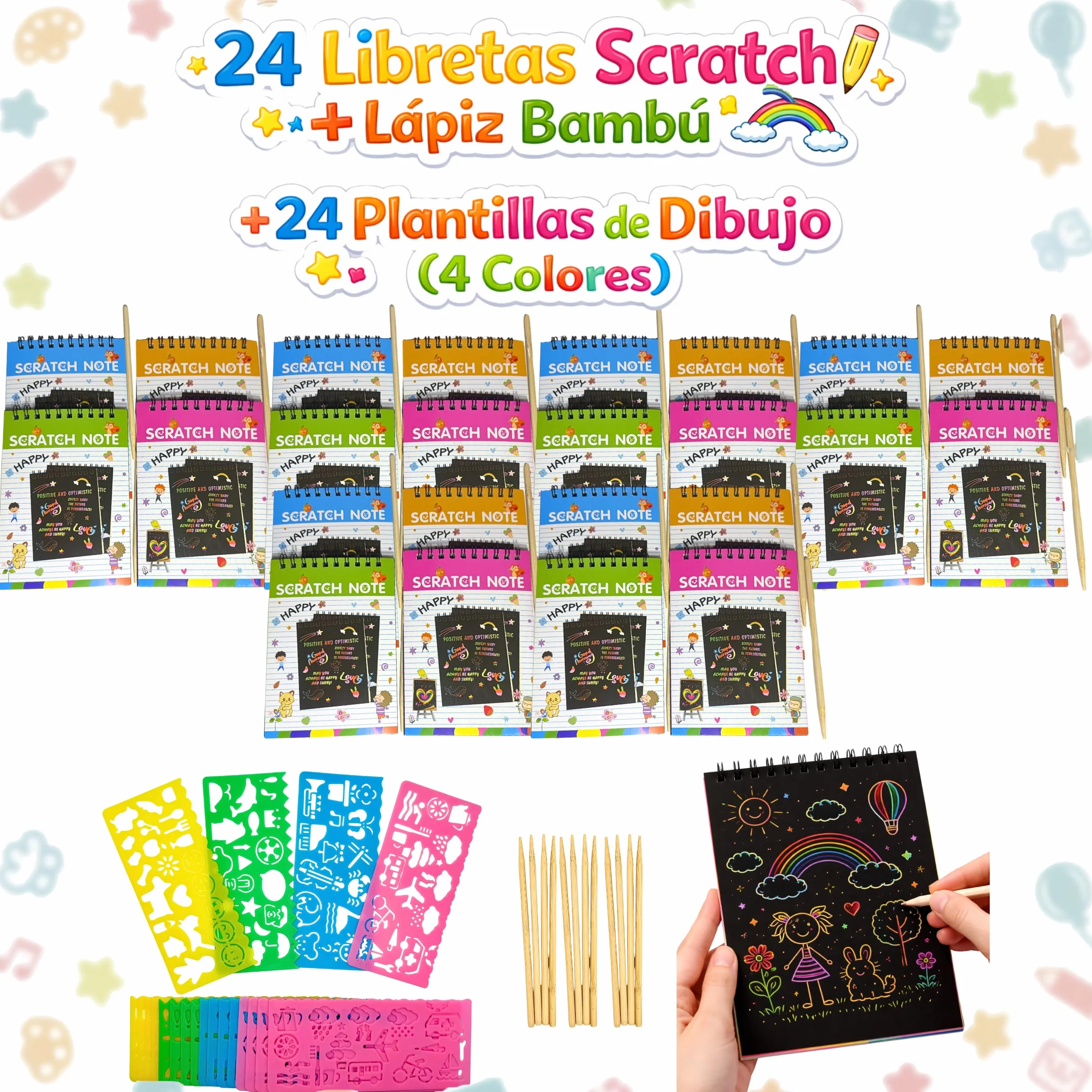 Pack 24 Invitados Regalos Cumpleaños Niños Colegio con Pulseras Silicona Slap Puzzle 3D Scratch Art Bolsas Individuales
