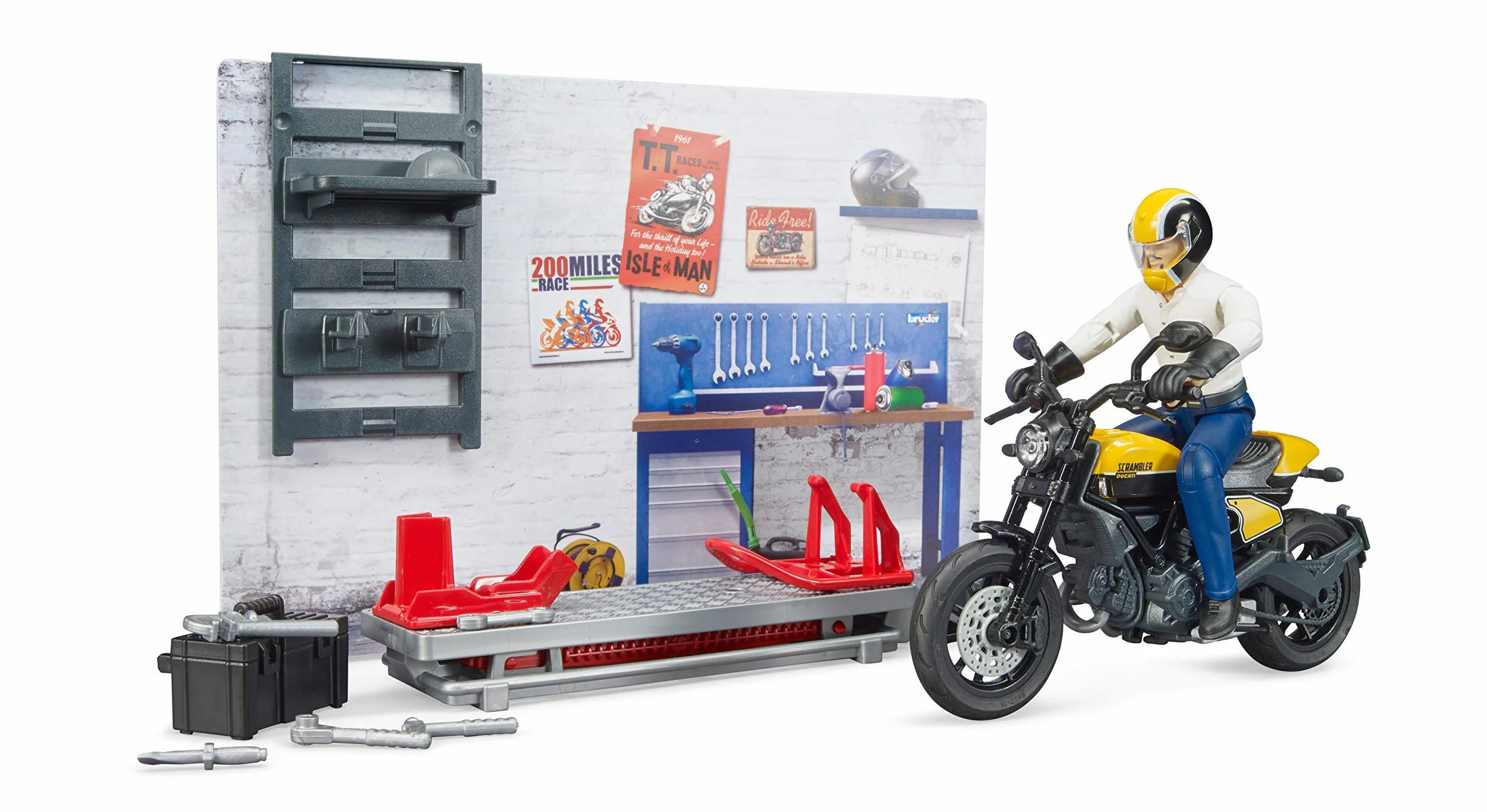 bruder 62102 - bworld taller de motos Scrambler Ducati Full Throttle con mecánico,taller, figura de juguete
