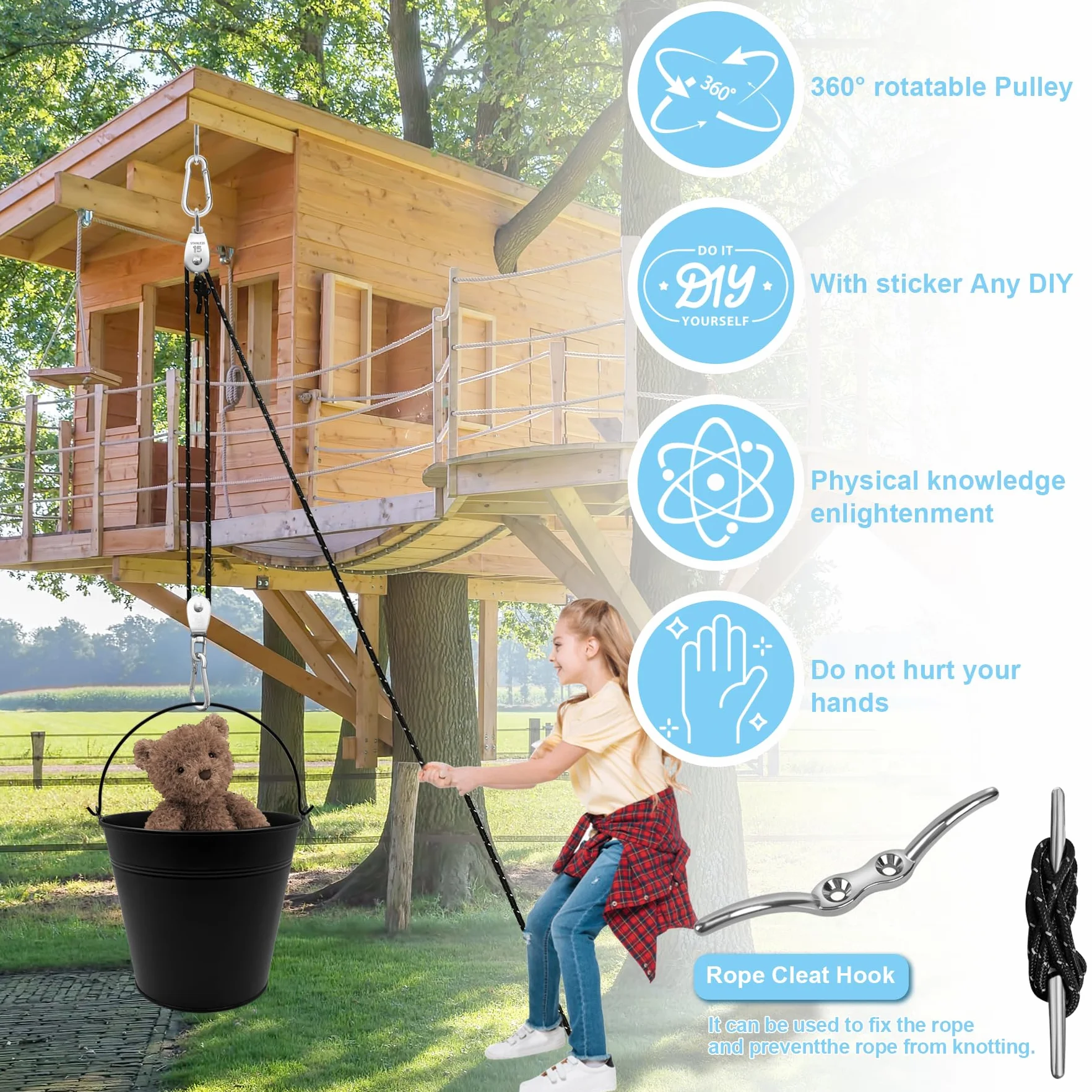 TZEKING Polea para Niños,Polea con 2 Cubo de Metal,Accesorios de casa de árbol para niños,polea con Cable de Cubo,Sistema de Polea para Niños,polea para niños,para Niños y Niñas a Partir de 3 Años