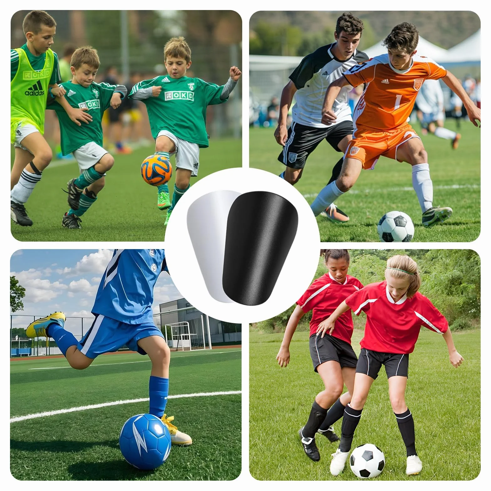 Mini Espinilleras de Fútbol para Niños y Adultos, Ligeras, Blanco y Negro, 4 Piezas