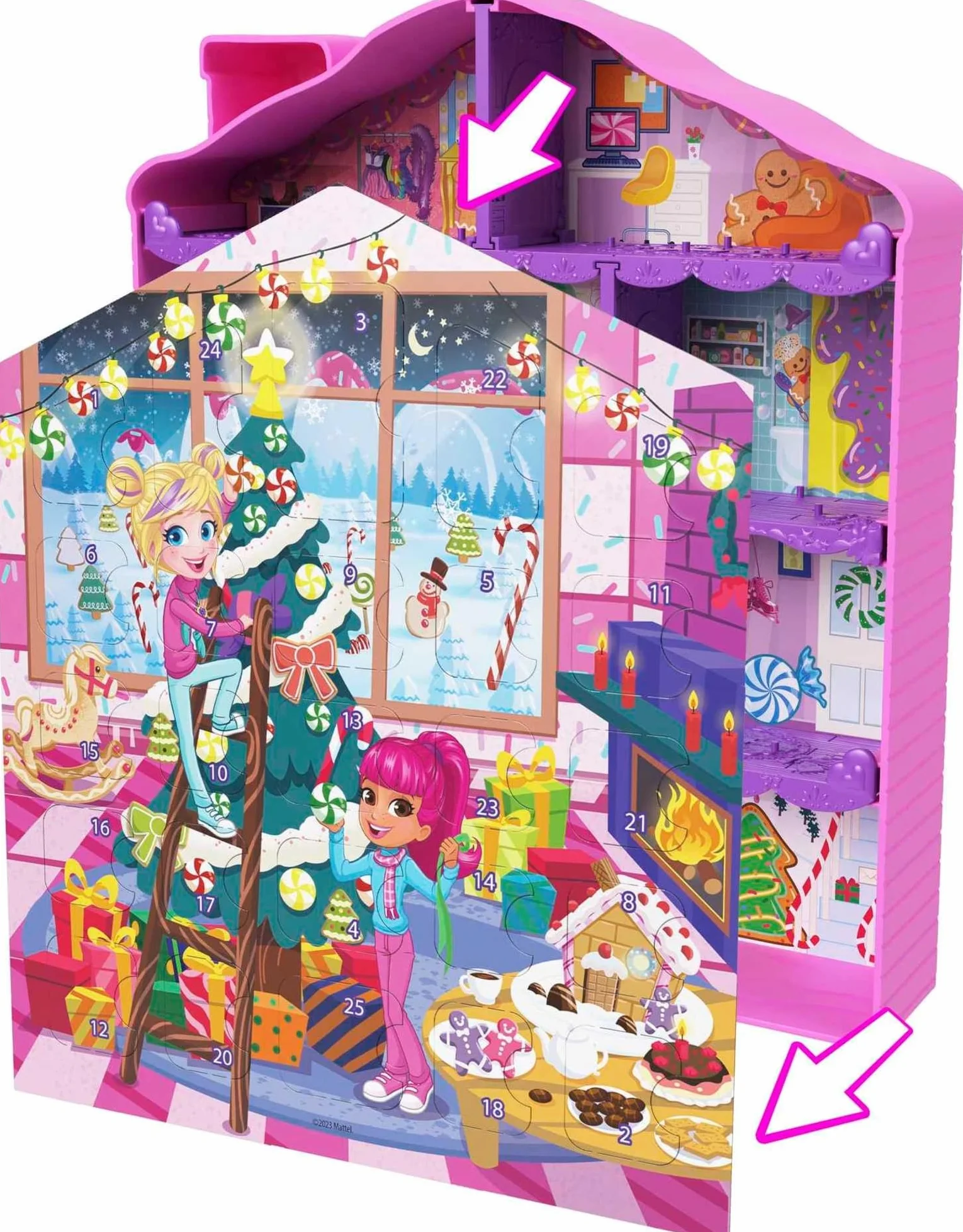 Polly Pocket Calendario de Adviento de muñecas, Juego de casa de Jengibre con 25 Regalos Sorpresa, HKW16