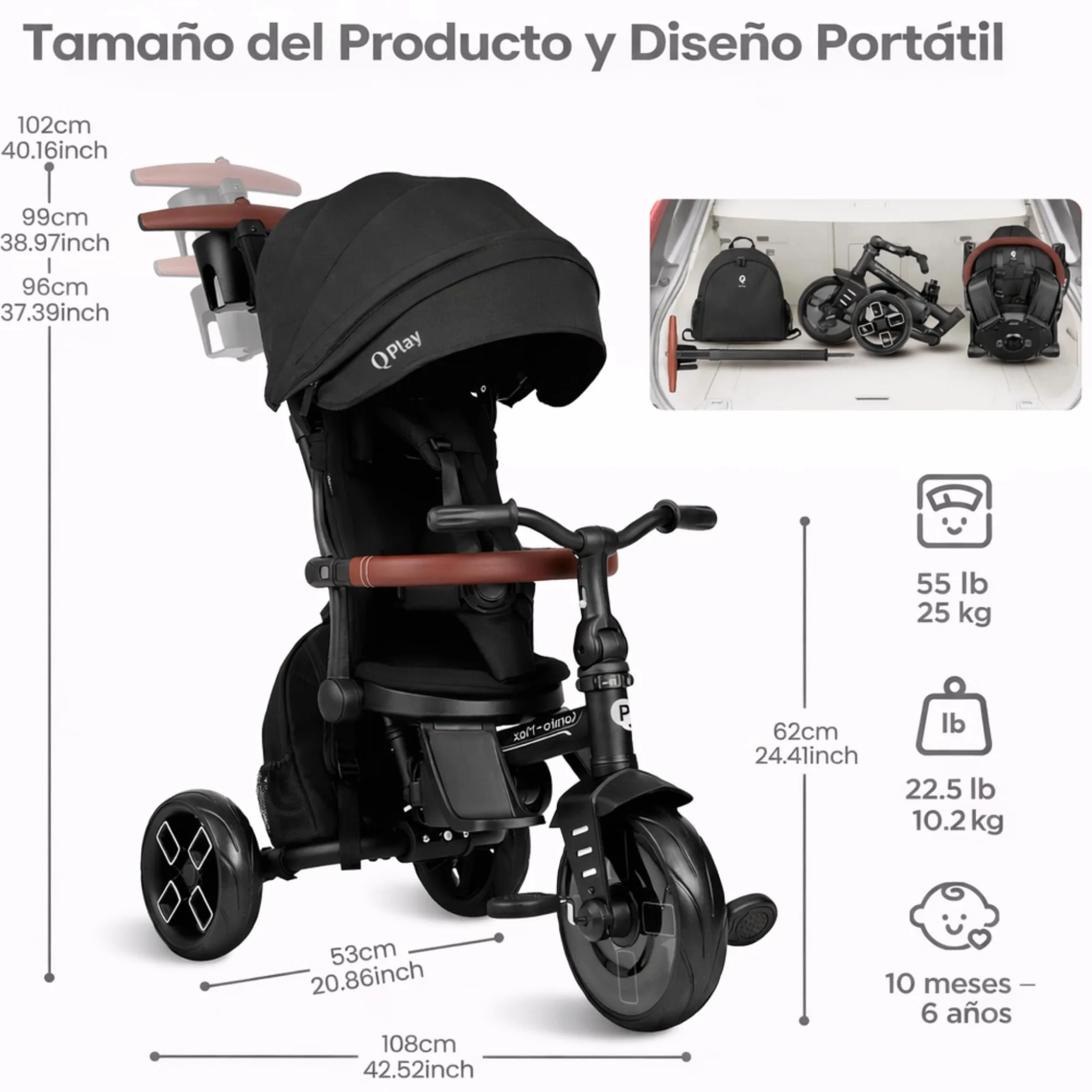 Qplay Triciclo Evolutivo COMFO MAX 6 en 1 Negro | Triciclo Bebe 1 Año Plegable de Aluminio con Asiento 360º, Reclinable y Capota – para Bebés de 10 a 72 Meses (Negro)
