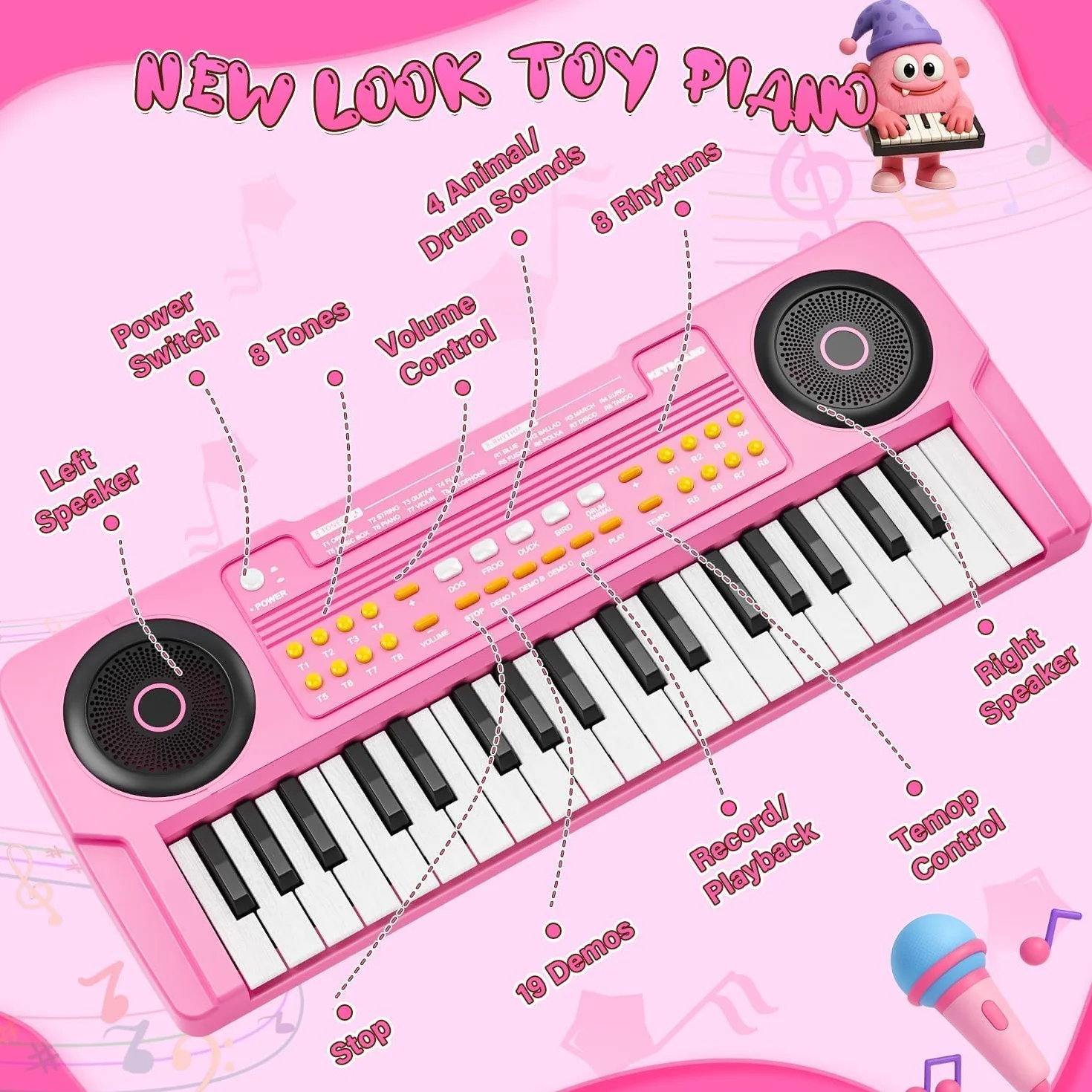 Teclado Piano Musical Educativo para Niños Piano Infantil Portátil 37 Teclas con Micrófono Juguetes Musicales Regalo para Niños y Niñas de 3 4 5 6 7 Años Rosa