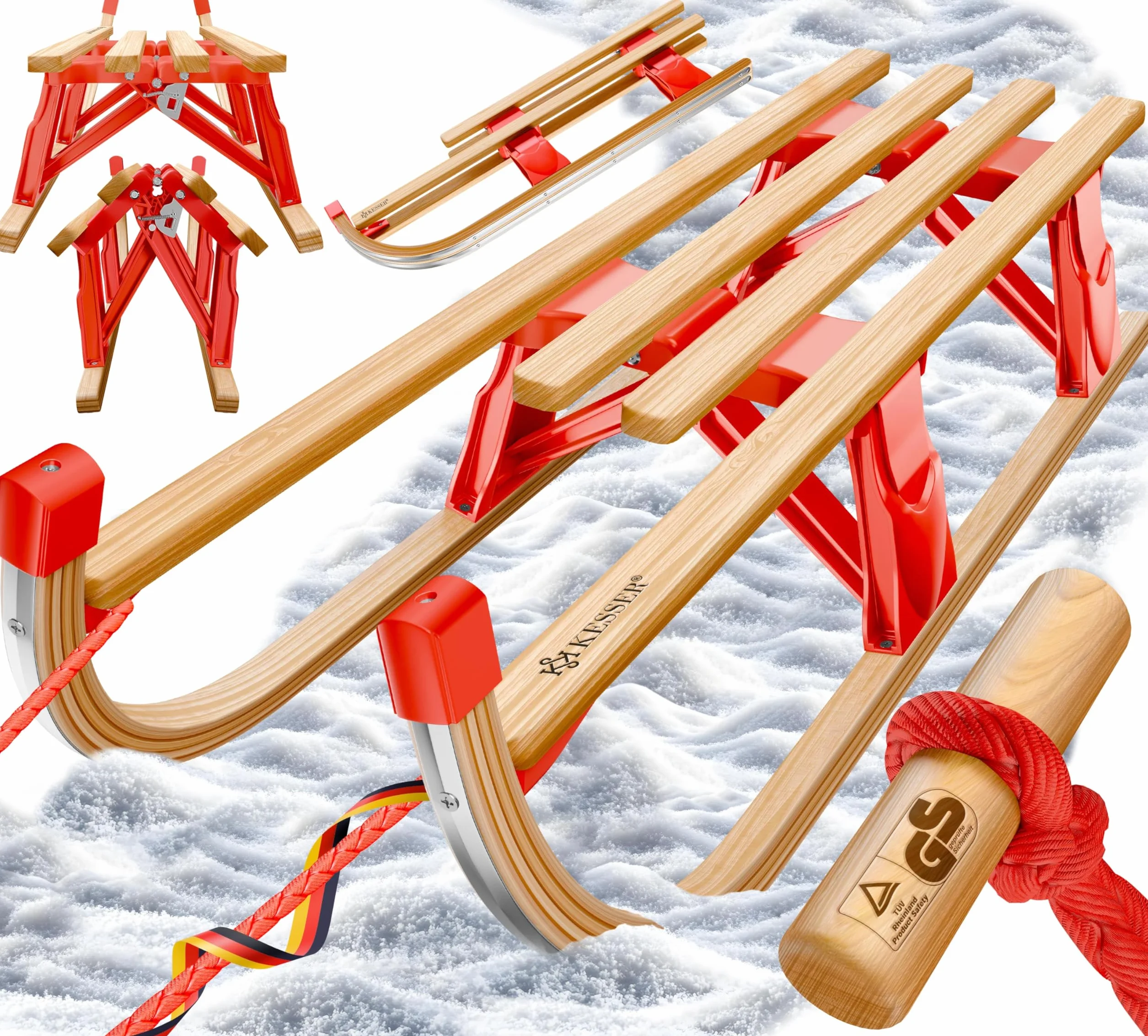 KESSER® Trineo de Madera Premium, Trineo Plegable para niños, Trineo de Madera de Haya Plegable para niños con Cuerda de Arrastre y Cuchillas de Metal.