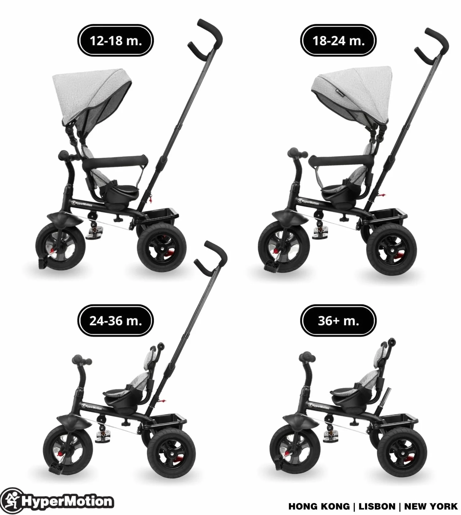 HyperMotion Triciclo Infantil con Manillar para Padres - Bici Bebé 1 Año Evolutiva hasta 20kg - Modelo Similar Kinderkraft con Barra de Empuje - Saltador Bebe Gris