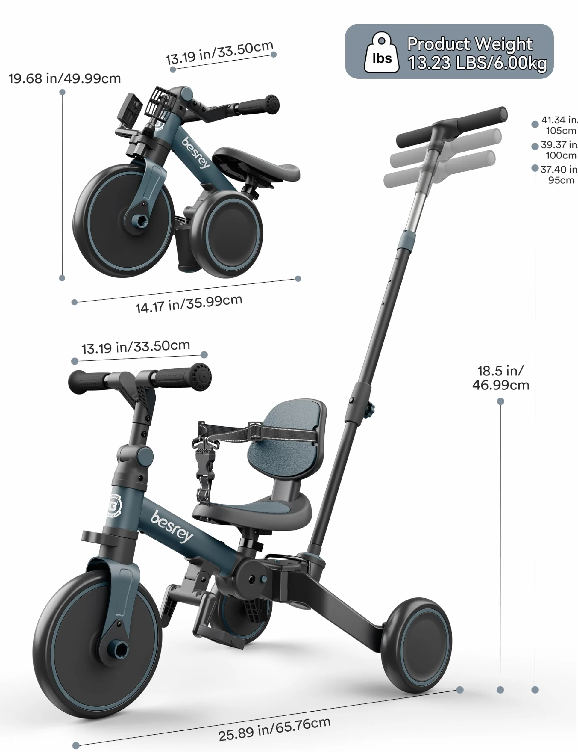 besrey Bicicleta para niños pequeños con manija de Control Parental para niñas y niños de 1 a 3 años, Triciclo para niños, Triciclo para niños pequeños con Pedal extraíble, Asiento Ajustable