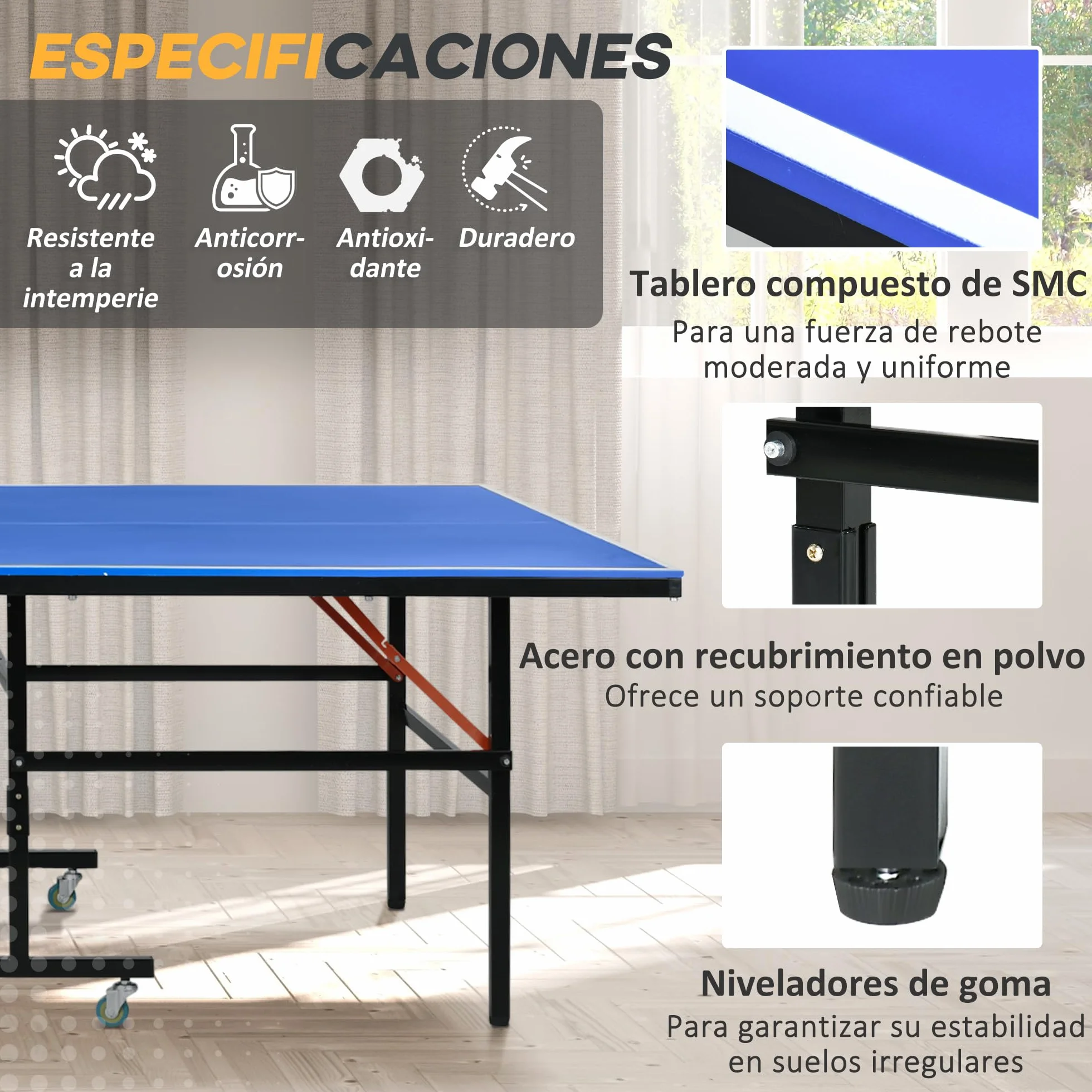 SPORTNOW Mesa de Ping Pong Plegable Profesional Tamaño Estándar con Ruedas 274x152,5x76 cm Azul