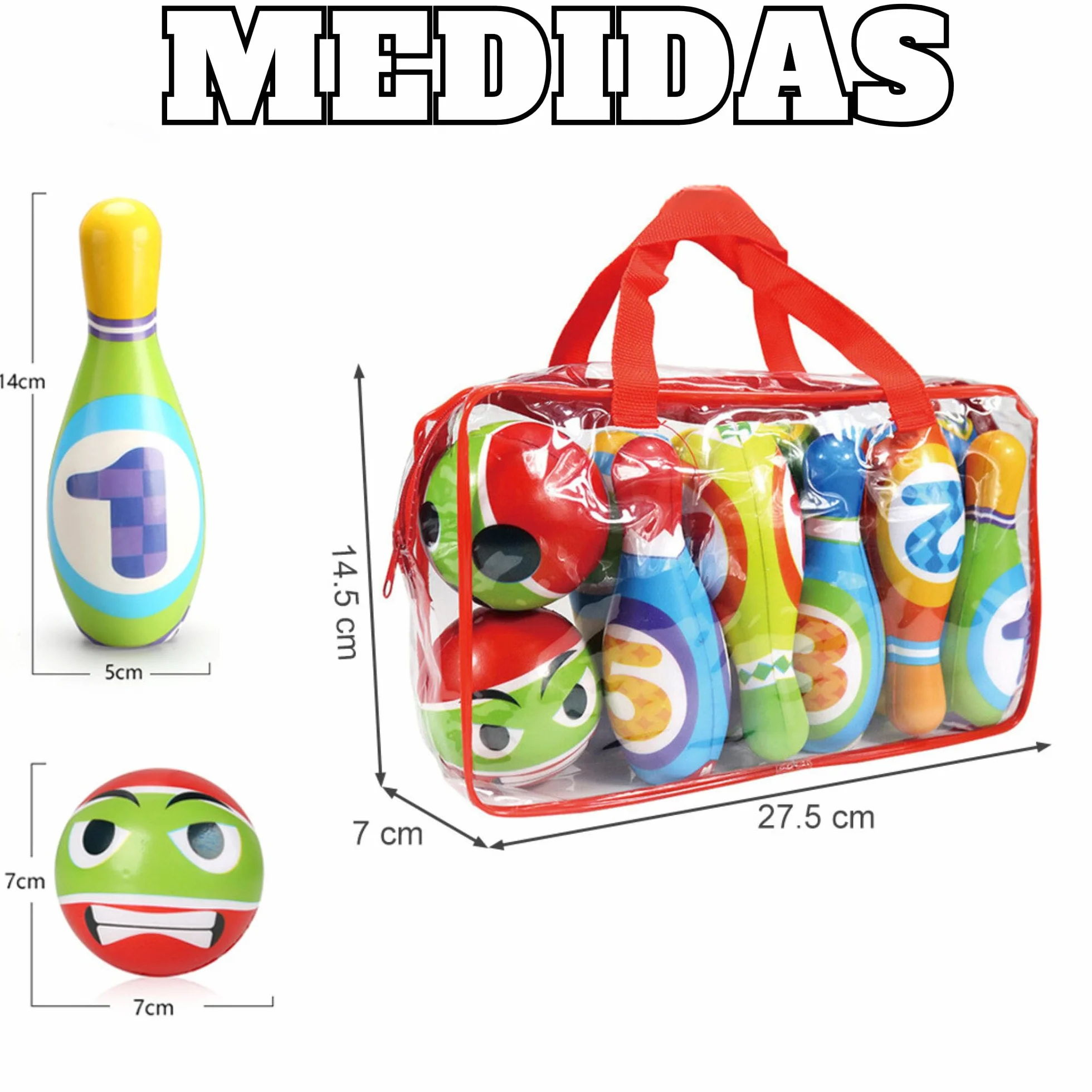 Juego de BOLOS INFANTILES - Juguetes niños 2 años a 4. BLANDO Y SEGURO. 10 Bolos de Gomaespuma de 14cm + 2 Bolas | Incluye Bolsa de Transporte. Para interior y exterior | Regalo niño 2 años a 4 |