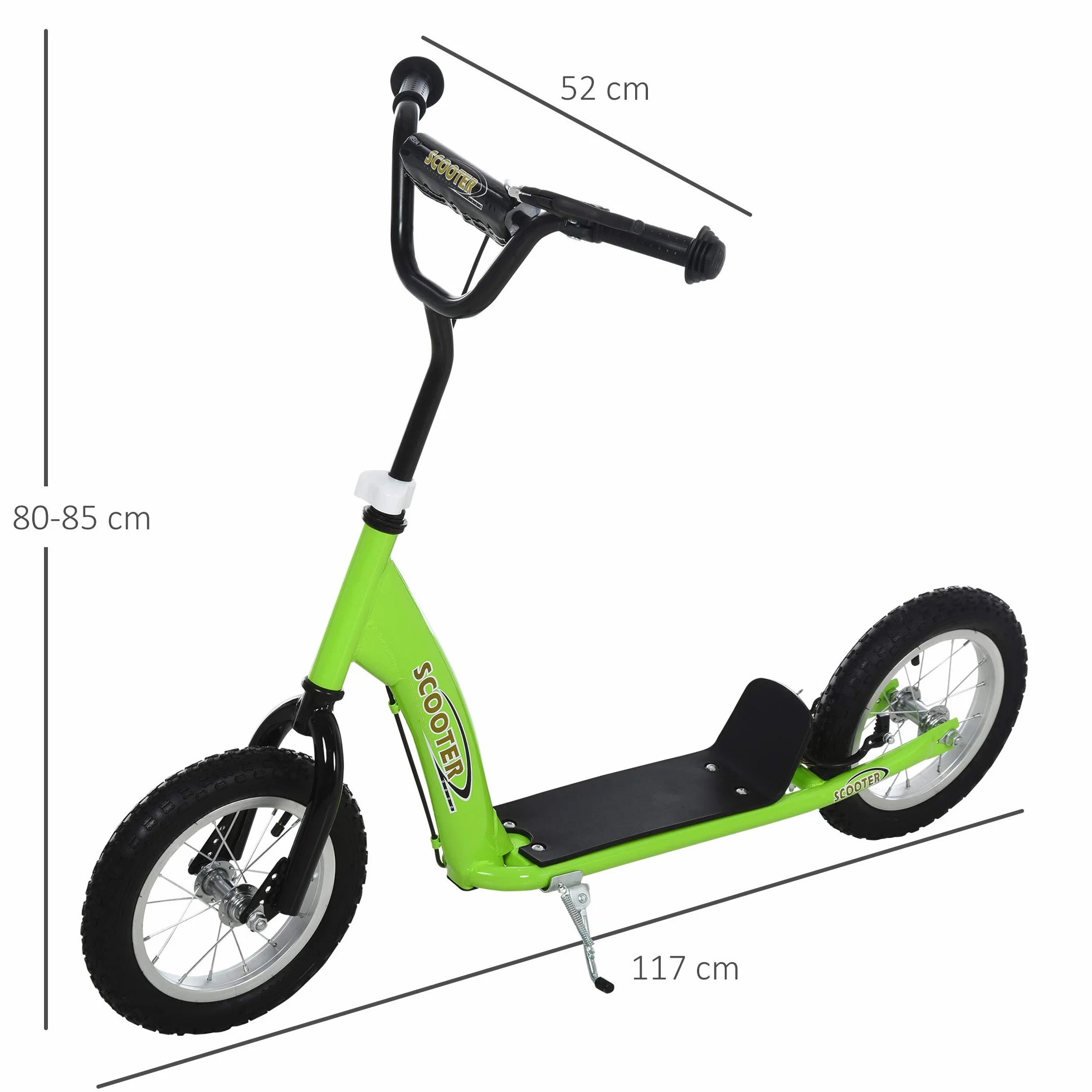 HOMCOM Patinete para Niños Mayores de 5 Años Scooter 2 Neumáticos Inflables de Caucho con Frenos Manillar Ajustable Pedal Antideslizante 117x52x80-85 cm Verde