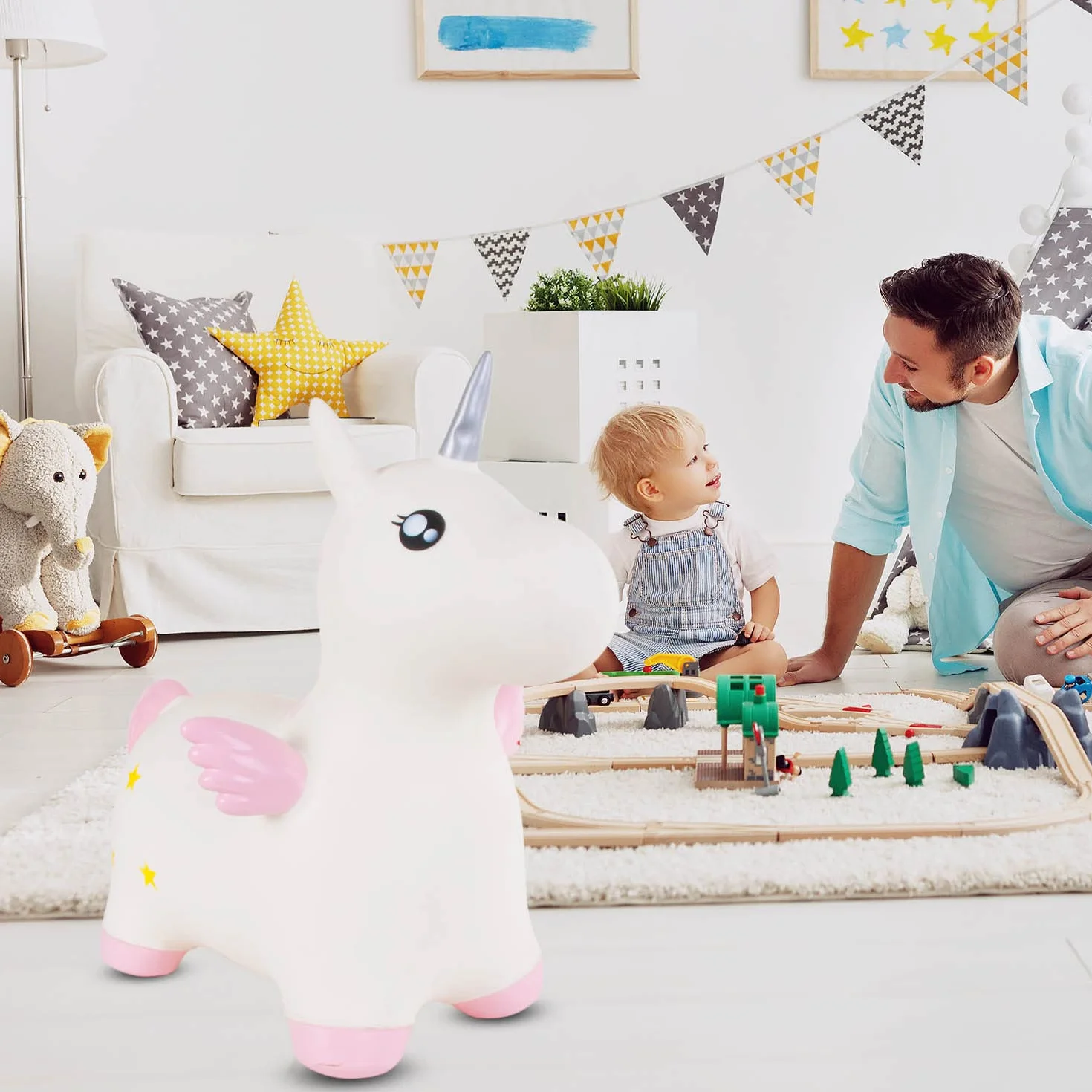 SUN BABY Saltador Hinchable para Niños hasta 45 Kg sin BPA, de 1 año, Pelotas saltarinas para niños (Unicornio Blanco con alas)