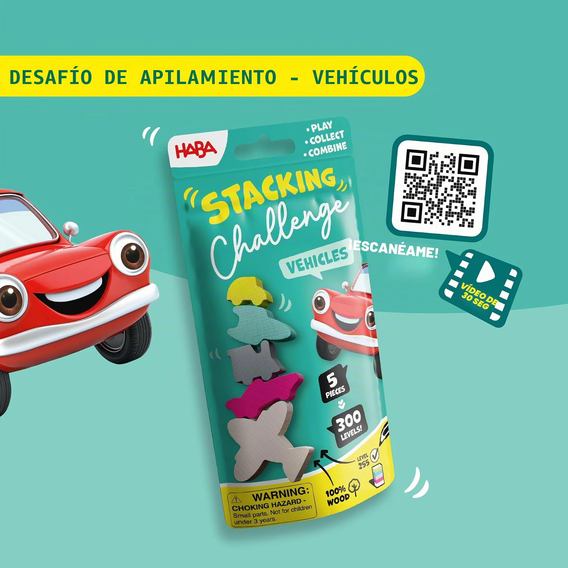 HABA 2013868001 - Stacking Challenge Vehicles, Juego Infantil con retos de apilar, Solitario, de Viaje. Más 6 años