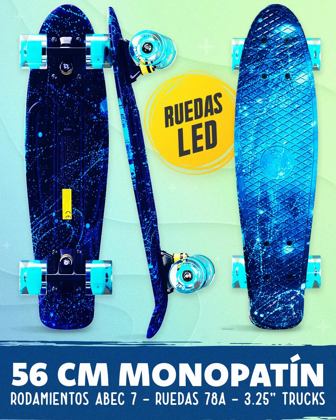 Deleven Monopatín 56cm con Ruedas LED, Herramienta de Skate y Rodamientos ABEC 7 - Skateboard para Niños Principiantes Adolescentes Adultos