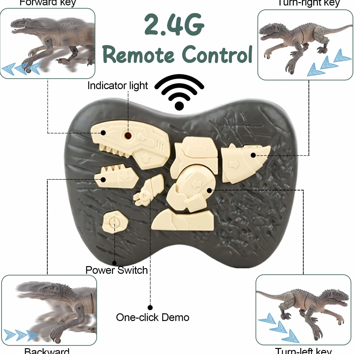 Kizmyee Dinosaurio Teledirigido con Movimiento, Luz y Rugido Realista, Juguete Radiocontrol para Niños 3-10 Años