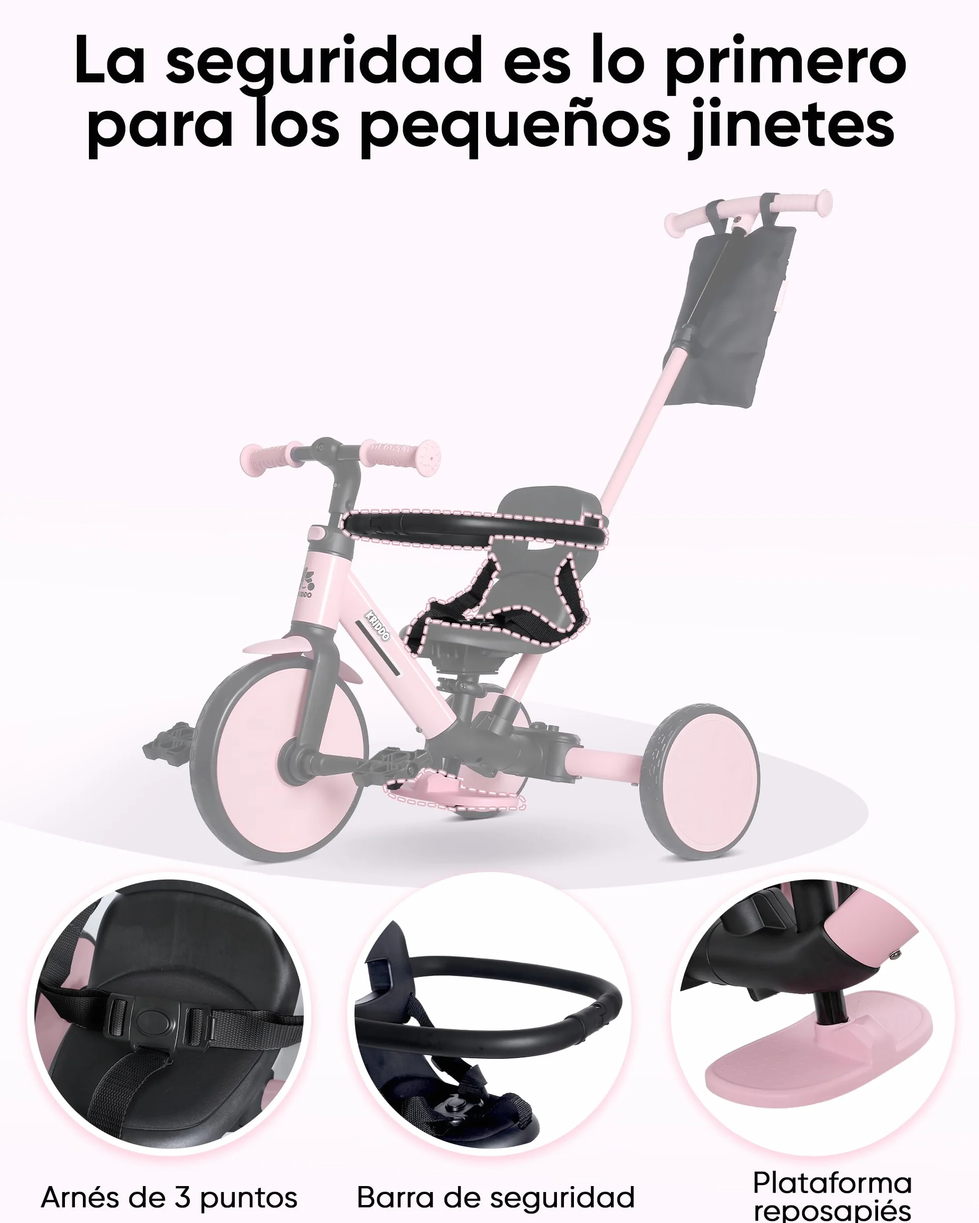 KRIDDO Triciclo Evolutivo 7 en 1 para Niños de 18 Meses a 5 Años – con Barra de Empuje, Triciclo y Bicicleta con o sin Pedales, Arnés de 3 Puntos, Bolsa de Almacenamiento, Rosa