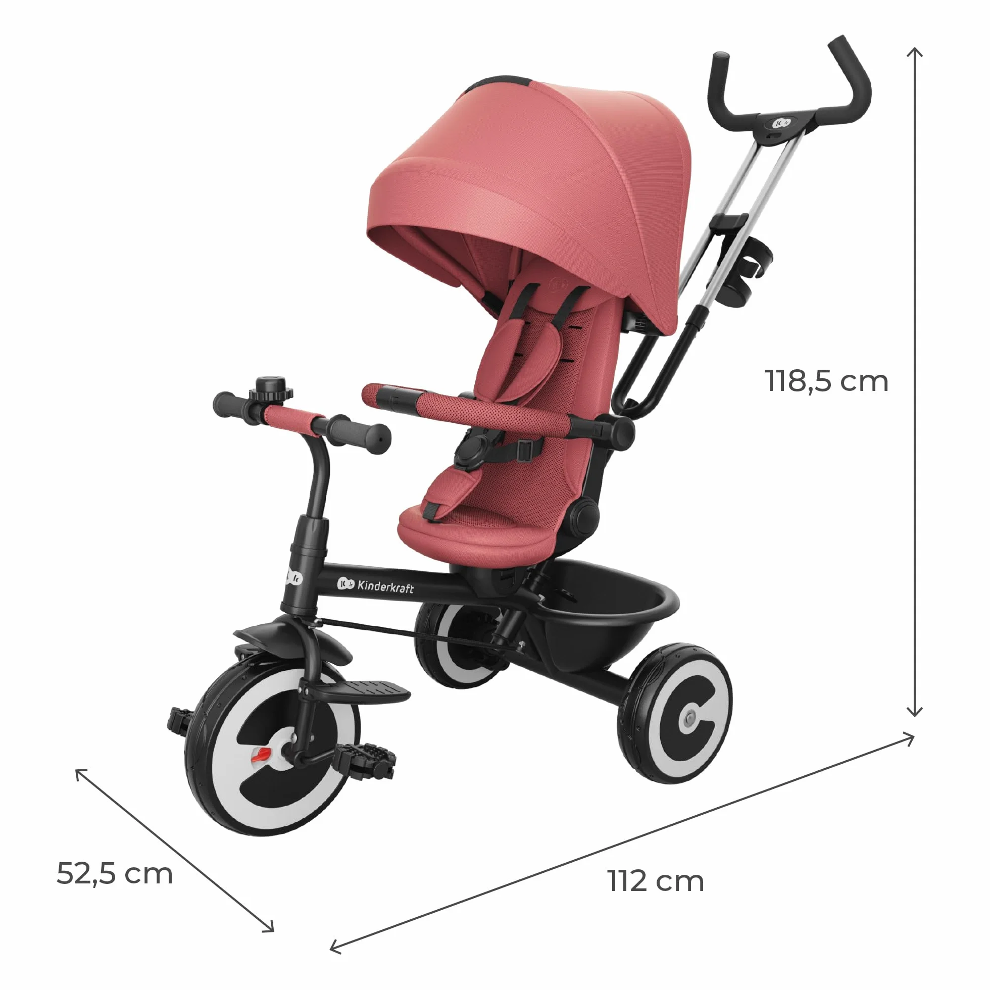 Kinderkraft Aston 2 Pro Triciclo Evolutivo, Bicicleta Sin Pedales, Bicicleta Bebe, para Niños, Cinturón, con Accesorios, Portavasos, Cesta, 9 Meses a 25 kg, Rosa