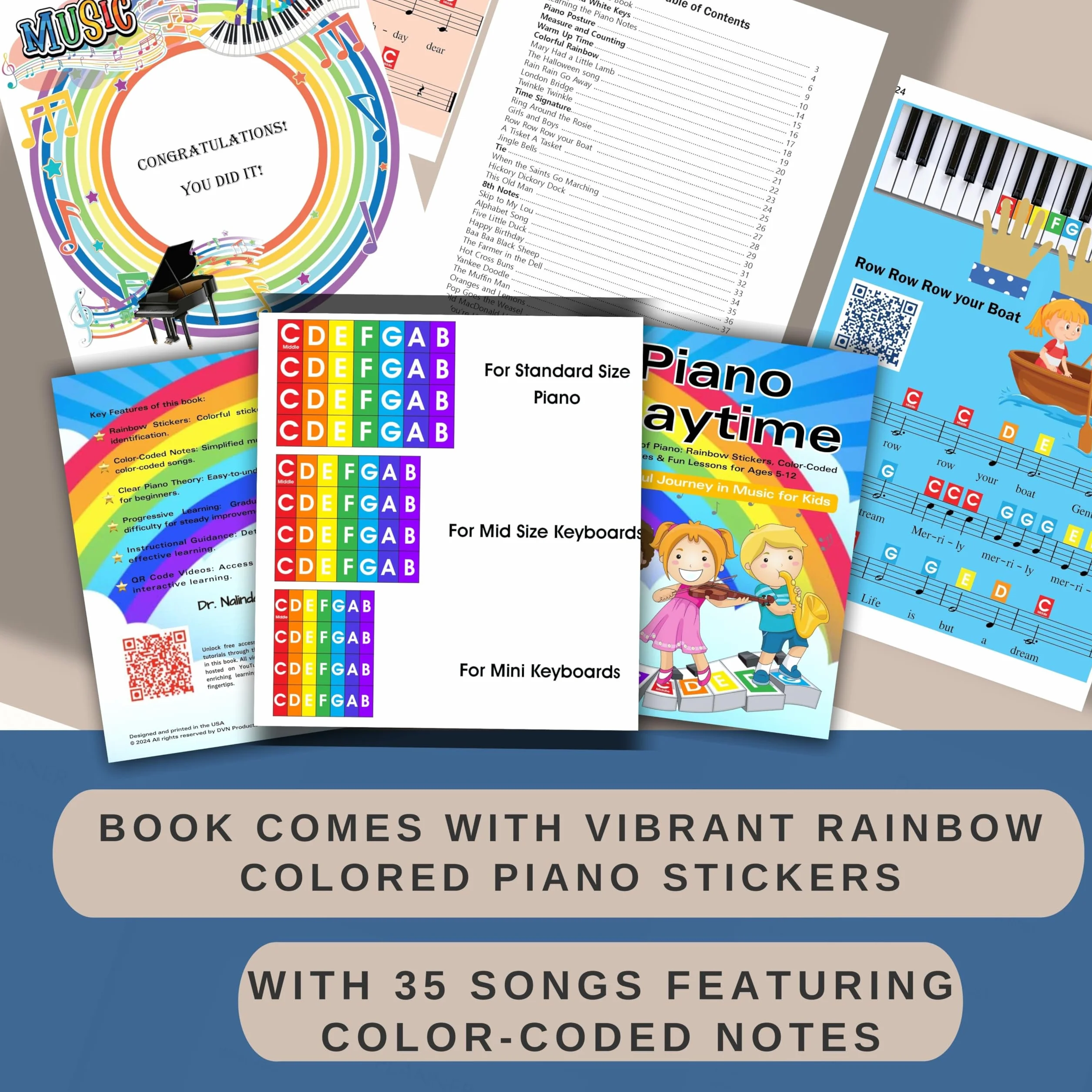 QMG Calcomanía de piano y teclado de color arcoíris y libro de aprendizaje de piano para niños, instrucciones fáciles de seguir para niños, libro de piano para principiantes para niños, partituras de