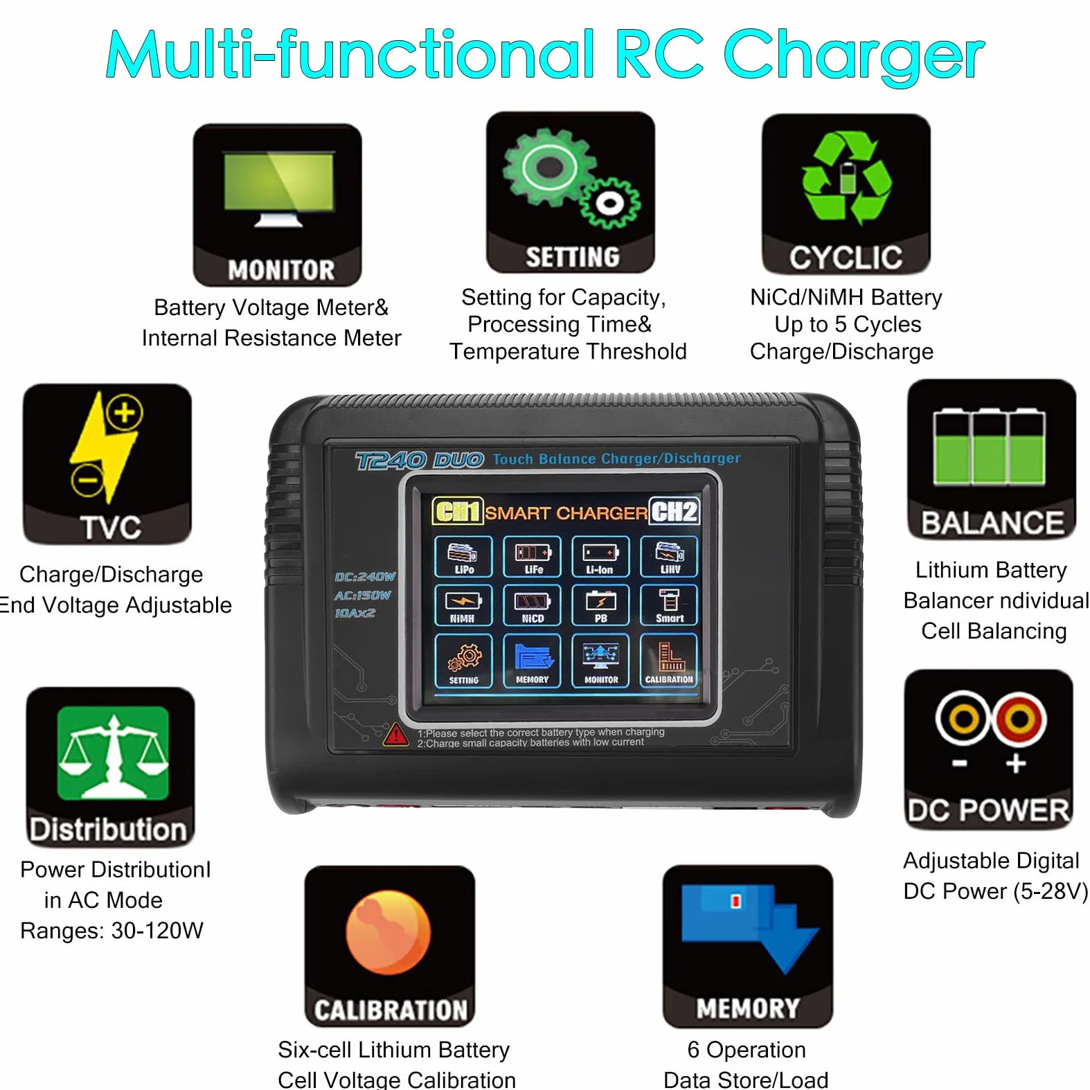 Cargador de batería T240 para LiPo/LiHV/LiFe/NiMH/NiCd, pantalla táctil grande de 3.2 pulgadas y doble puerto disponible, entrada CA/CC y corriente ajustable de 0.1-10 A