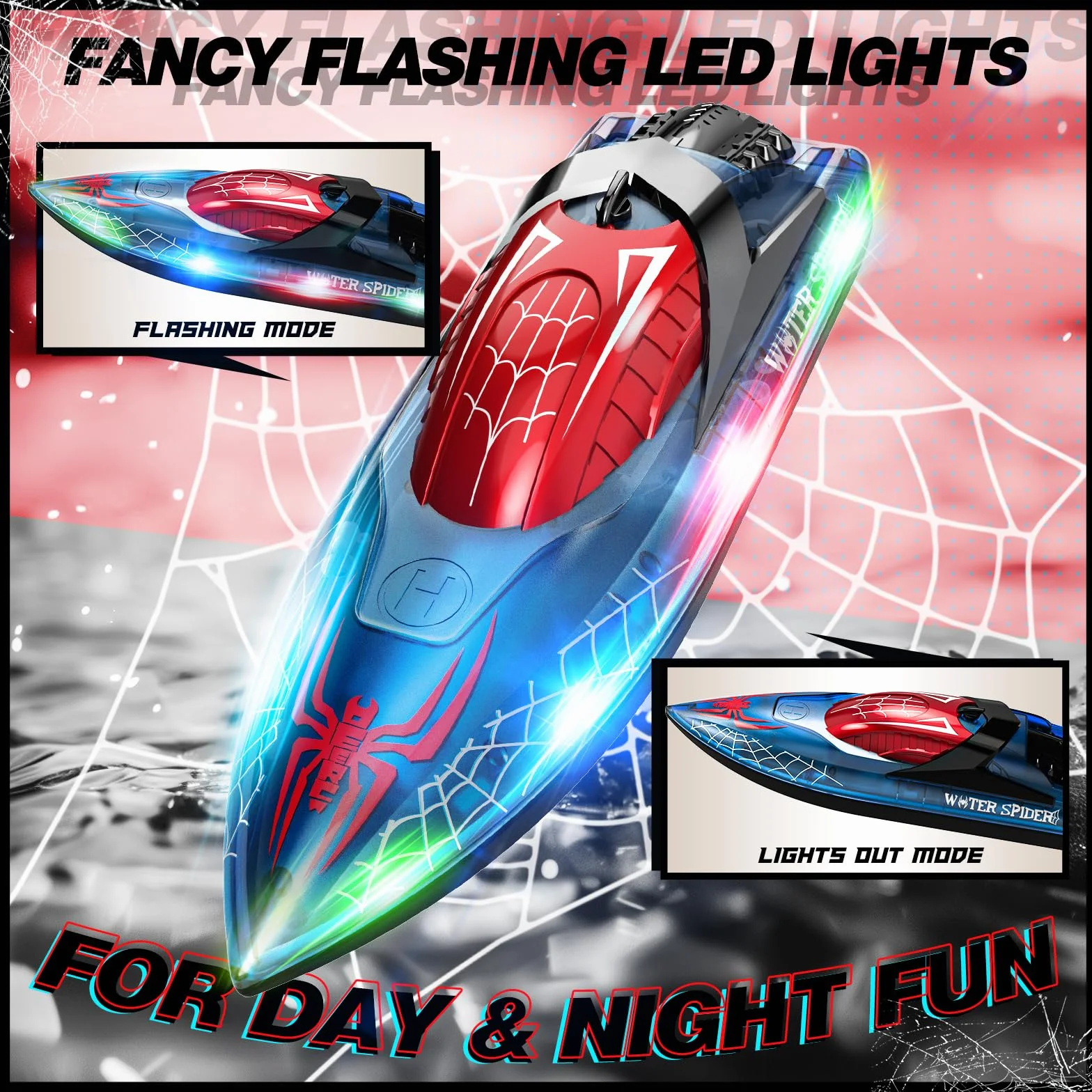 DEERC Barco Teledirigido Spider con luz LED para niños, Barco RC Totalmente proporcional de 2,4 GHz para Piscinas y Lagos, Tiempo de ejecución de 80 Minutos, Juguetes para Piscinas