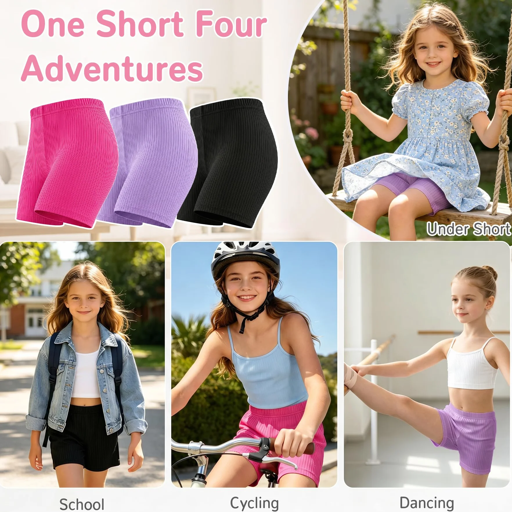Pantalones Cortos de Ciclismo Niñas Algodón Leggings Transpirable Diseño Acanalado Shorts Bailar Gimnasia para Infantil 5-16 Años Lote de 3