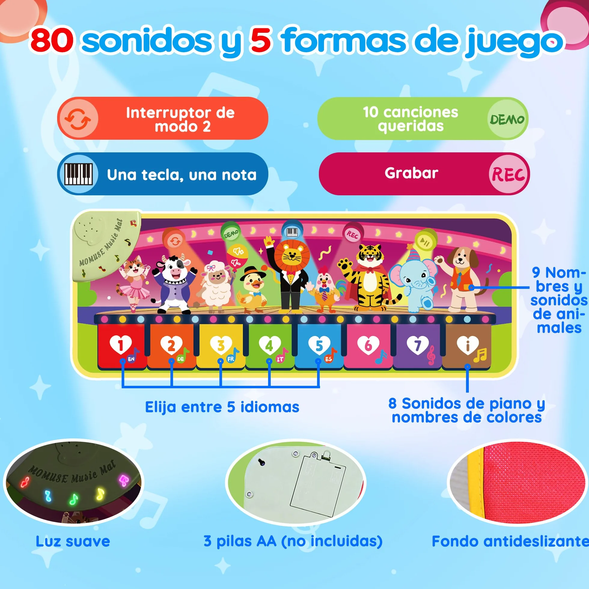 MOMUSE Alfombra Musical 5 Idiomas (ES/DE/FR/IT/EN), Juguetes Niños 1 Año, Piano Infantil Multilingüe con 9 Animales, Portátil, Ligero, Regalo Na-vidad/Cumpleaños para Bebe Niñas Niños 1 2 3 4 Años