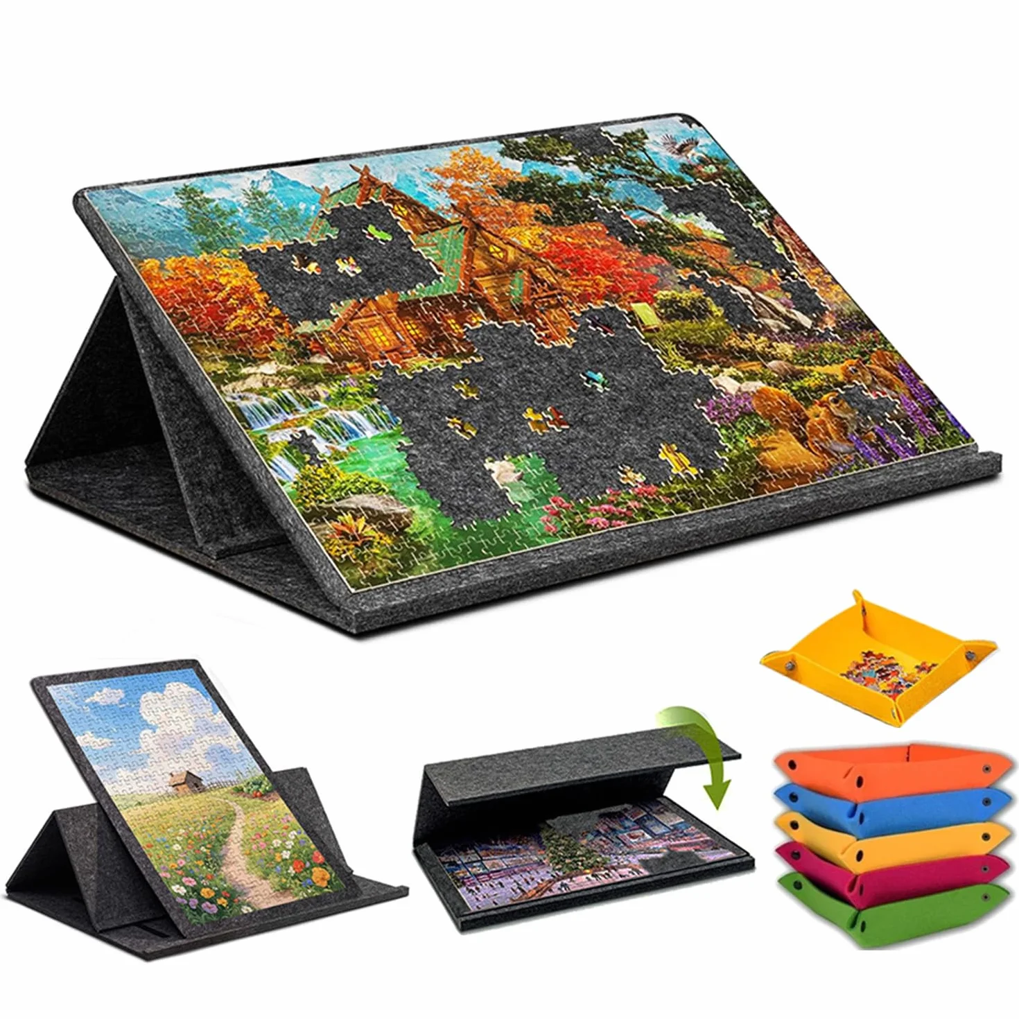 Tablero De Rompecabezas Plegable 1000 Piezas,Tablero De Rompecabezas,Alfombrilla De Rompecabezas Portátil Con 6 Tazones De Clasificación De Colores,Con Soporte 2 En 1 y Cubierta,Ángulo Ajustable,Negro