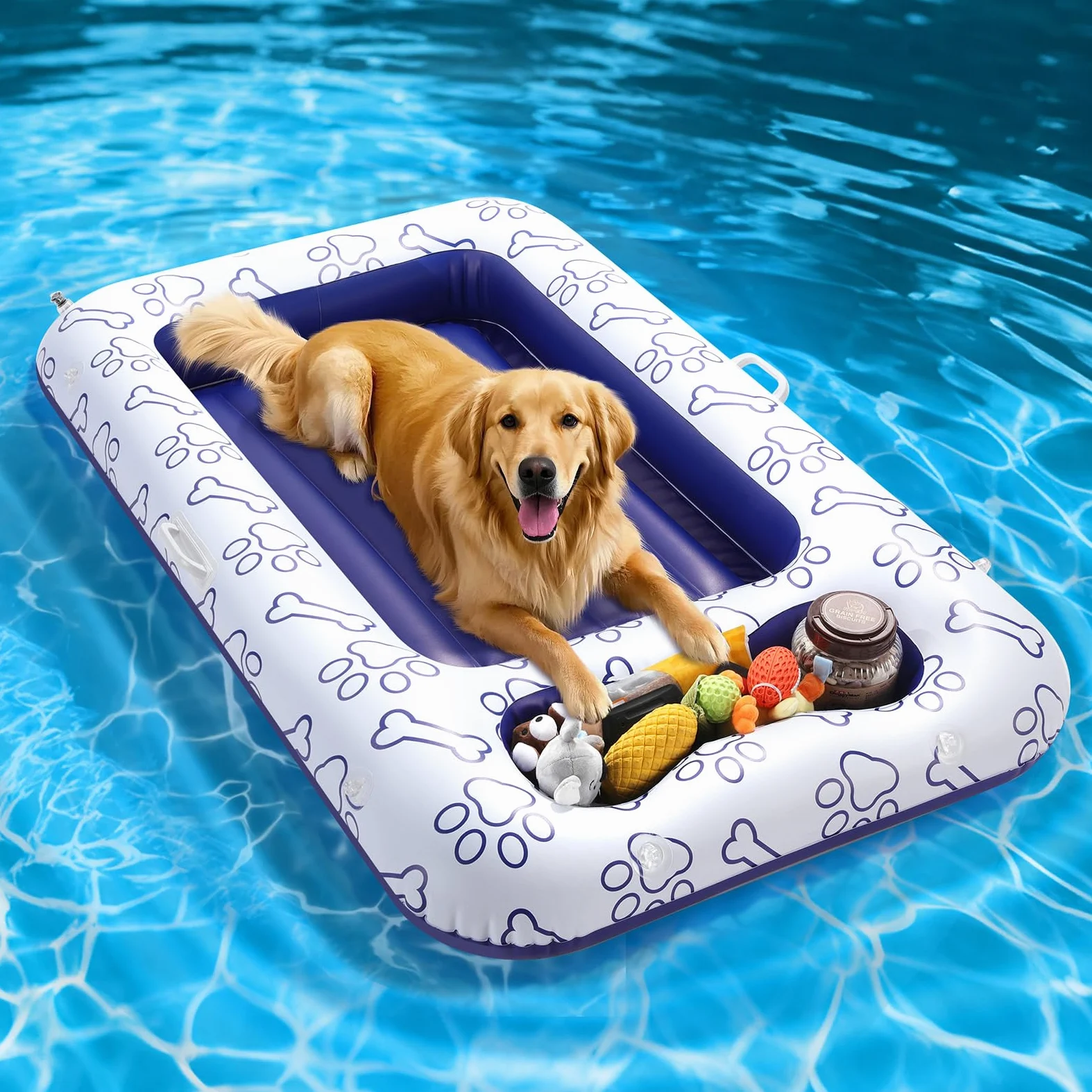 MoKo Colchoneta Hinchable Piscina para Perros | con Compartimento para Juguetes y Comida, Hamaca Flotante de PVC y Malla