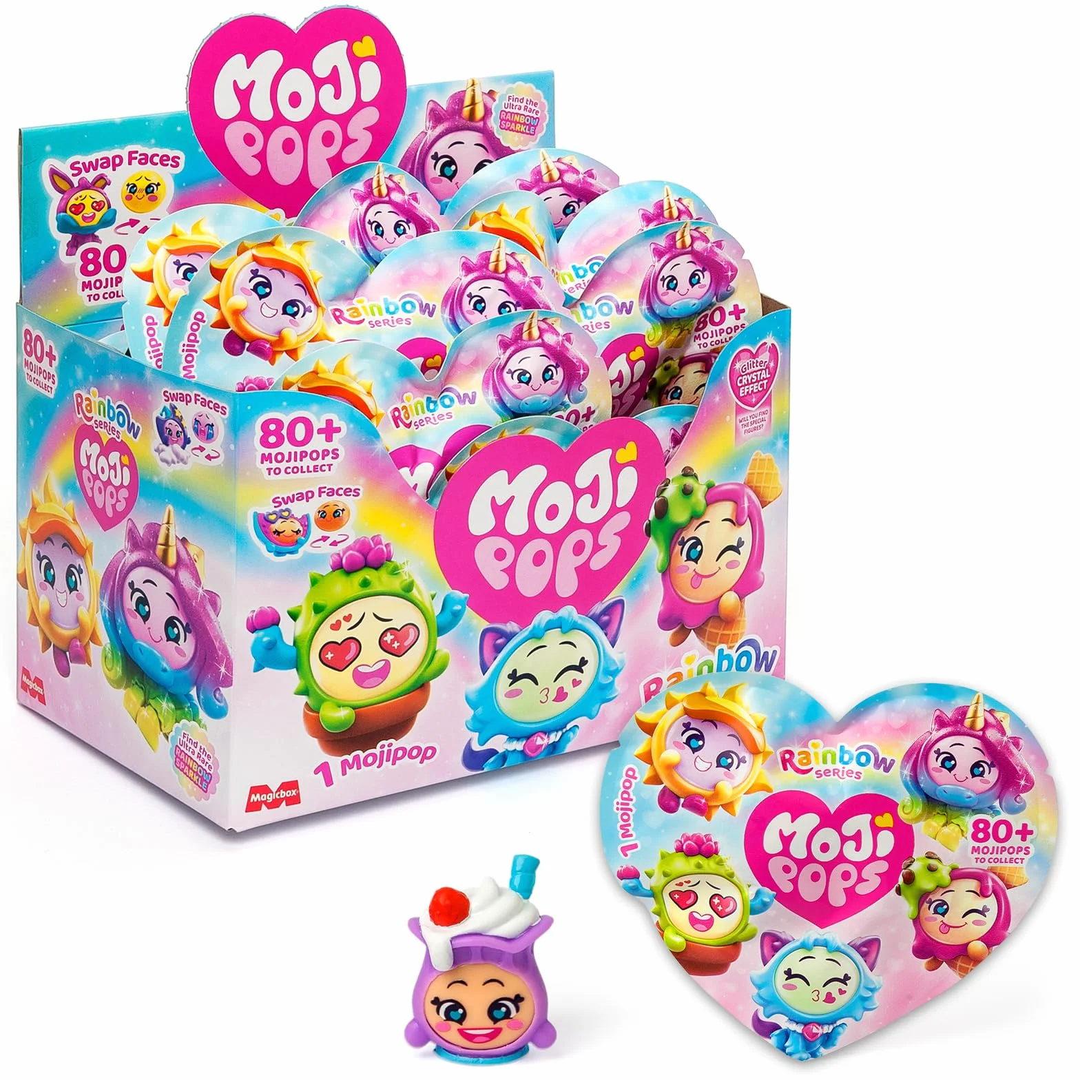 MOJIPOPS Rainbow Series – One Pack. Caja con 24 sobres con figuras coleccionables. Cada sobre Contiene 1 Mojipop sorpresa y 1 Checklist