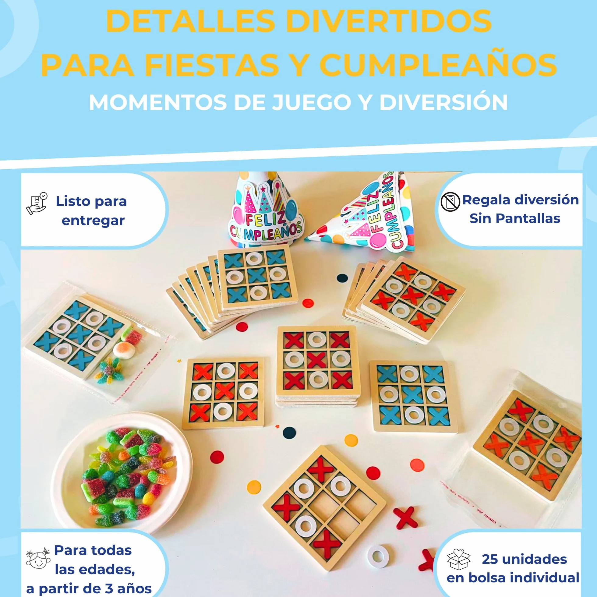 Pack 25 Juegos 3 en Raya de Madera Regalos Cumpleaños Niños Colegio