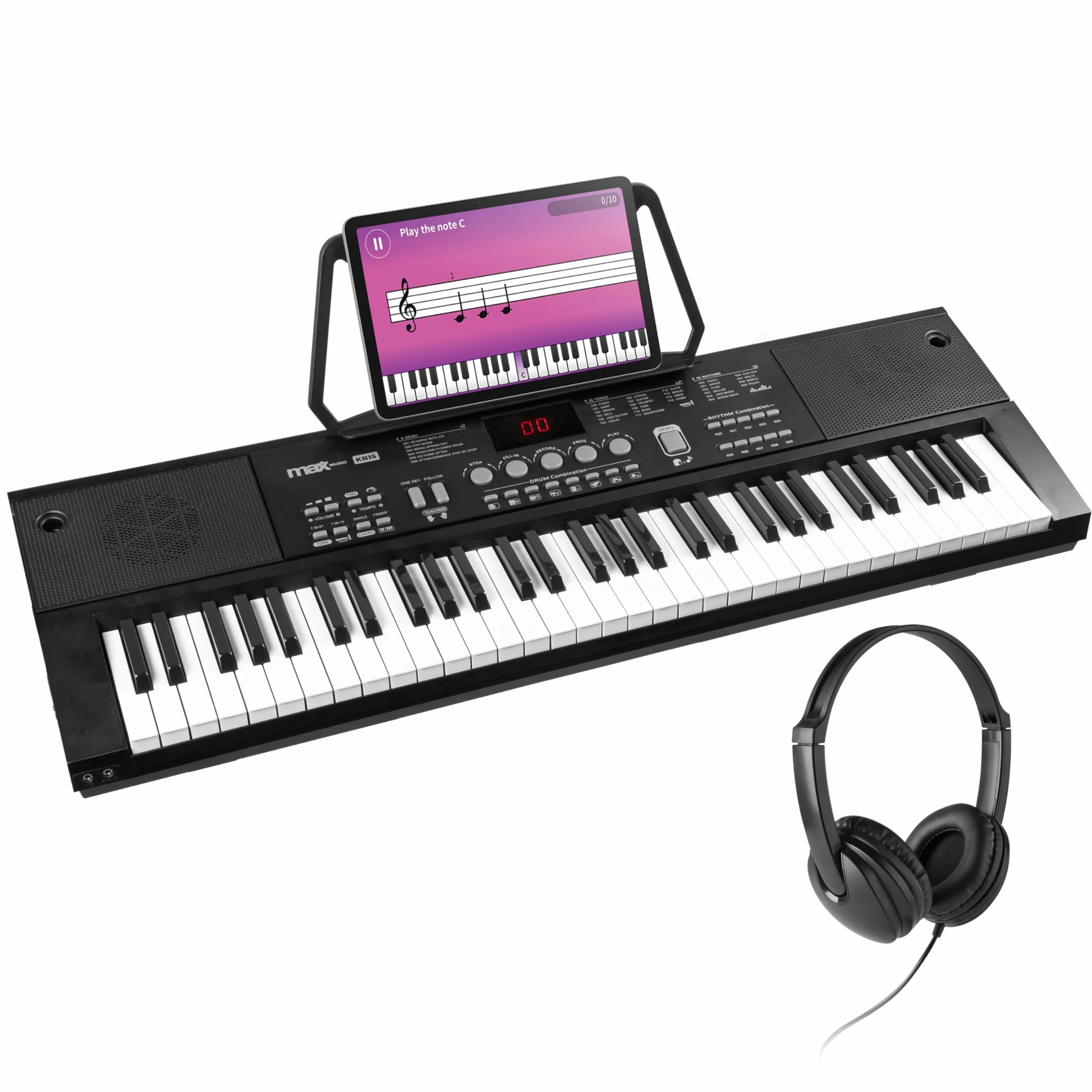 MAX KB15 - Teclado piano con 61 teclas, piano eléctrico con micrófono y auriculares, 8 horas de batería, pantalla LCD, 70 canciones, ideal para principiantes, 26 tipos de sonido, 8 de percusión, USB-C
