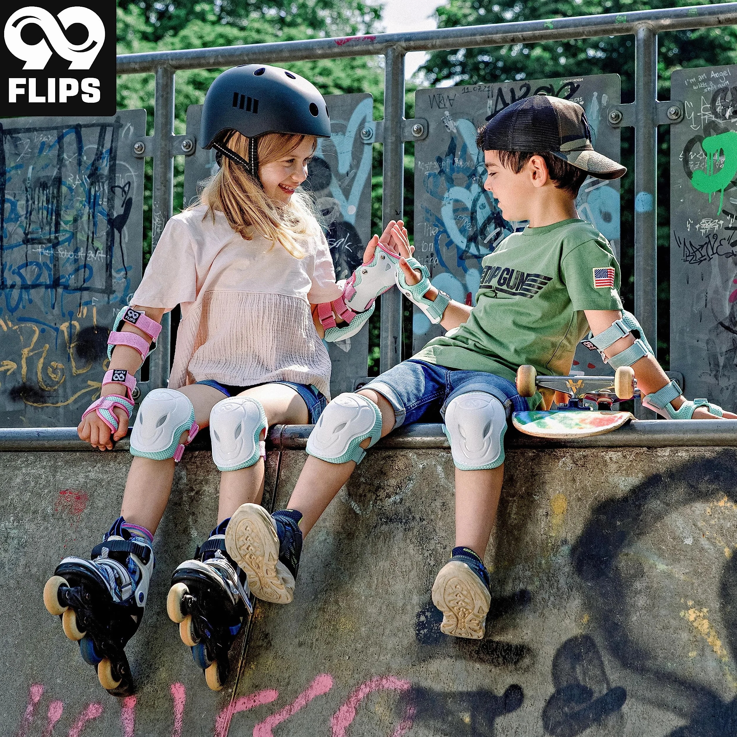 99FLIPS Protecciones Patines Niña Niño Set 6 Piezas Coderas Muñequeras Rodilleras Protectores Skate
