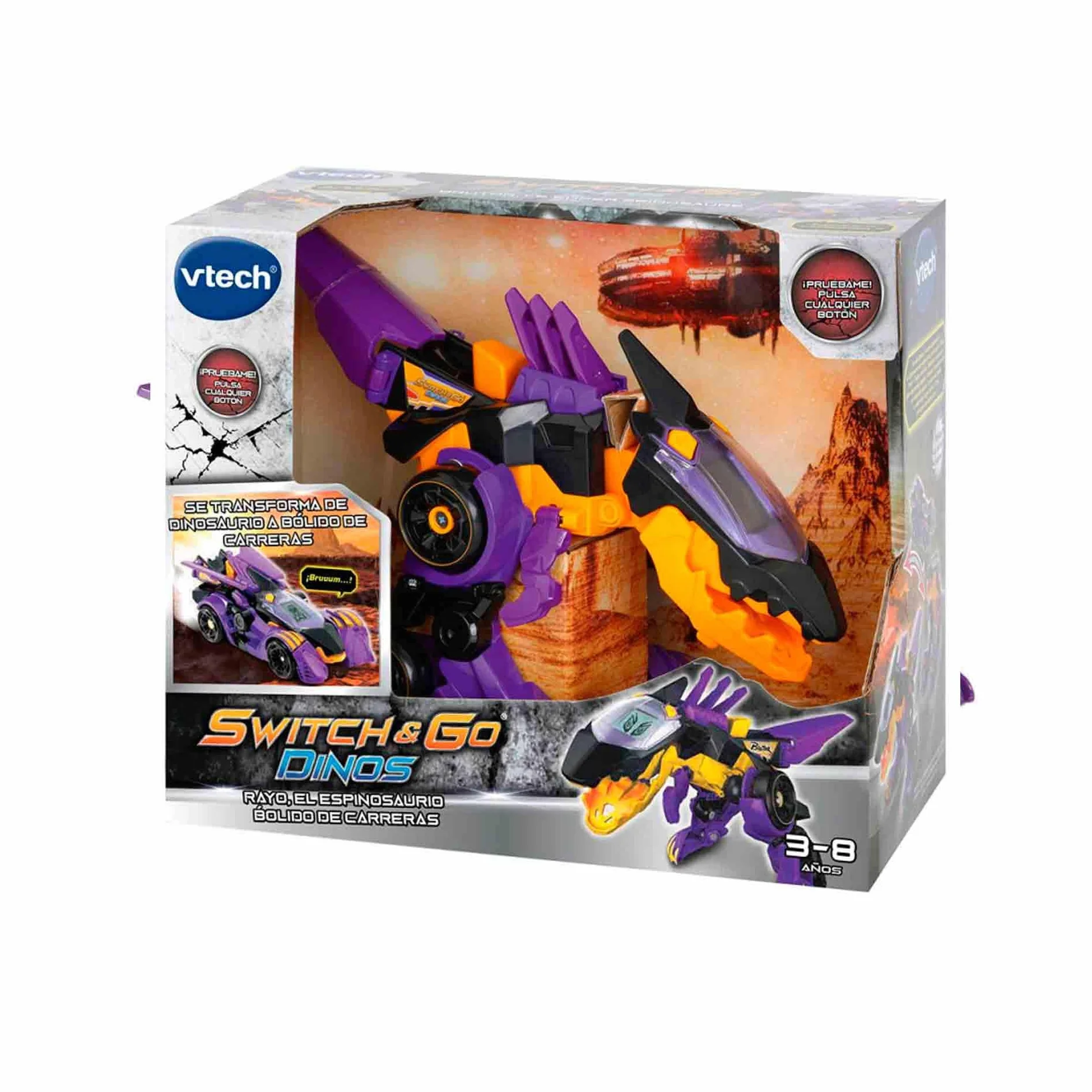 VTech Switch & Go Dinos Rayo, el espinosaurio bólido de Carreras, Dinosaurio electrónico Interactivo transformable en Coche con Voz, Funciones, más de 60 Sonidos y Frases, Color Morado (80-195222)