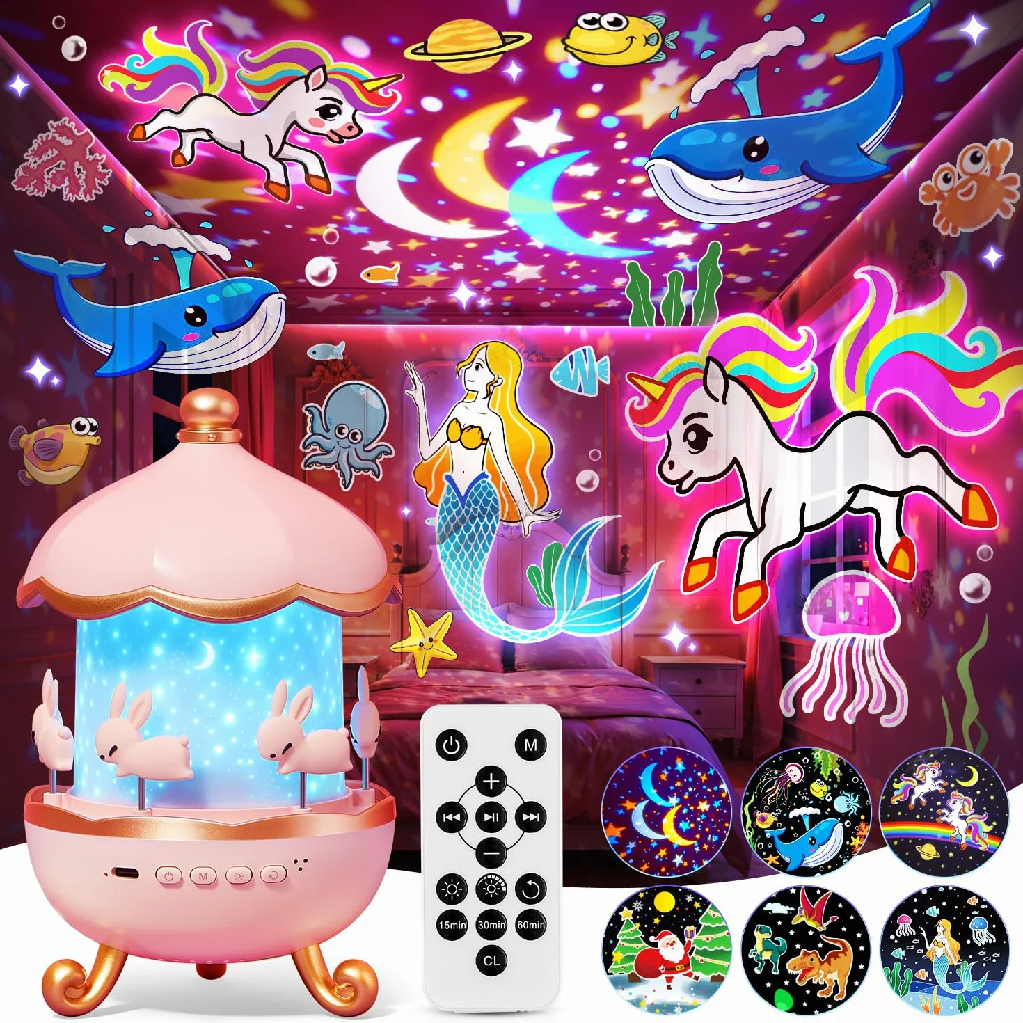 One Fire Proyector Estrellas, Regalo Niña y Luz Nocturna Infantil con 315 Modos & 15 Films, Juguete Educativo 360° como Ayuda para Dormir, Recargable con 15 Músicas, Mando y Temporizador